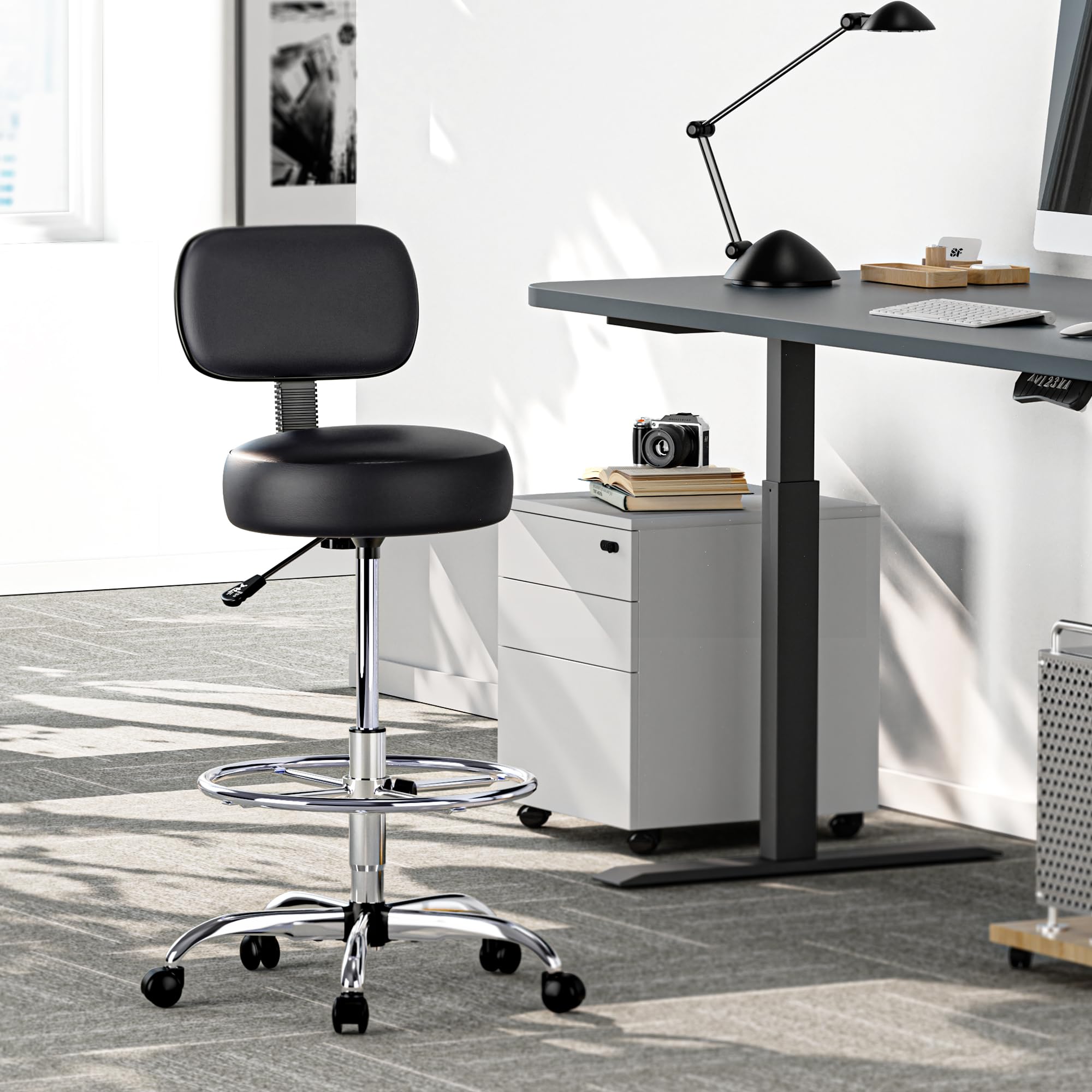 SUPERJARE Drafting Chair with Back, Adjustable Foot Rest Rolling Stool, Multi-Purpose Office Desk Chair, Thick Seat Cushion for Home Bar Kitchen Shop - Black