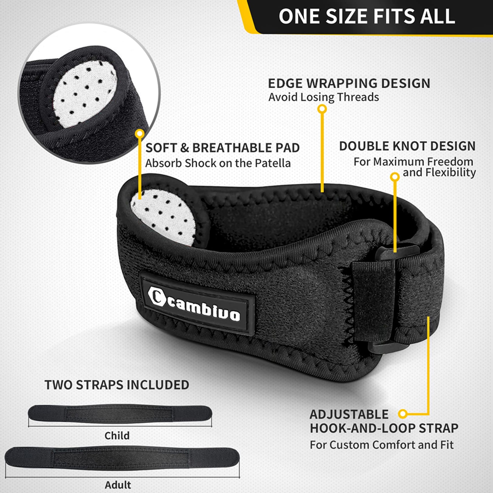 CAMBIVO Essential Series Knee Brace for Women and Men (2 Pack), Patella Tendon Support Straps for Knee Pain Relief, Running, Basketball, Hiking, Volleyball, Tennis, Squats (Black)