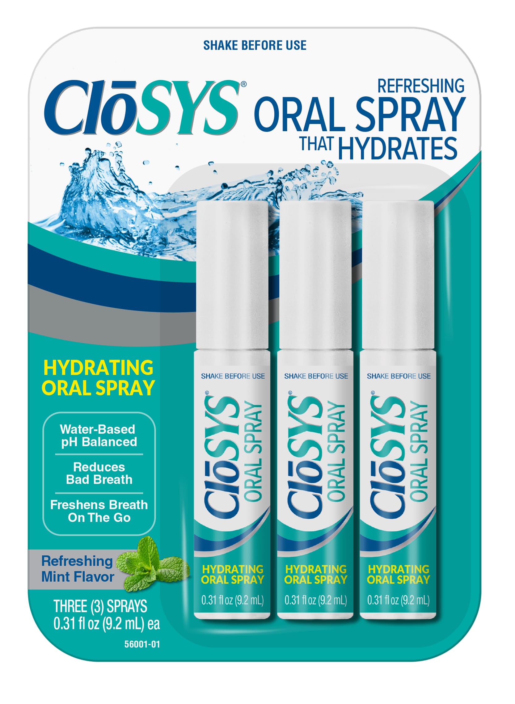 CloSYS Mundspray, 9 ml (3er-Pack), Minze, zuckerfrei, pH-neutral, gegen Mundgeruch