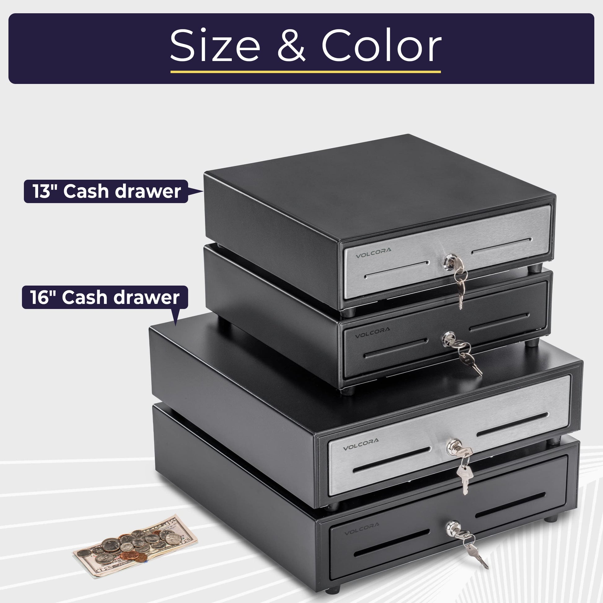 Volcora 13" Electronic Cash Register Drawer for Point of Sale (POS) System with 4 Bill 5 Coin Cash Tray, Removable Coin Compartment, 24V, RJ11/RJ12 Key-Lock, Media Slot, Black - for Small Businesses