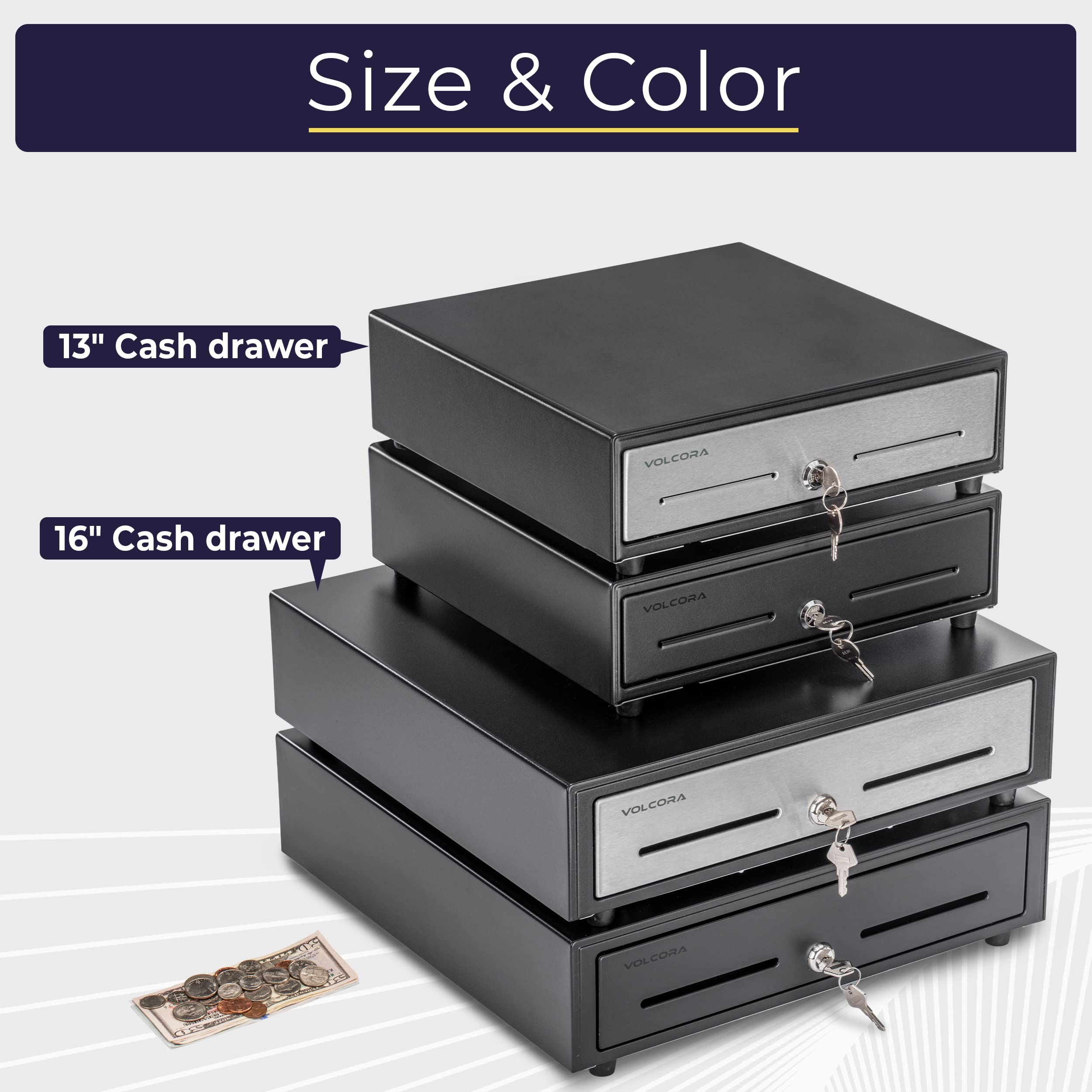 Volcora 13" Electronic Cash Register Drawer for Point of Sale (POS) System with 4 Bill 5 Coin Cash Tray, Removable Coin Compartment, 24V, RJ11/RJ12 Key-Lock, Media Slot, Black - for Small Businesses