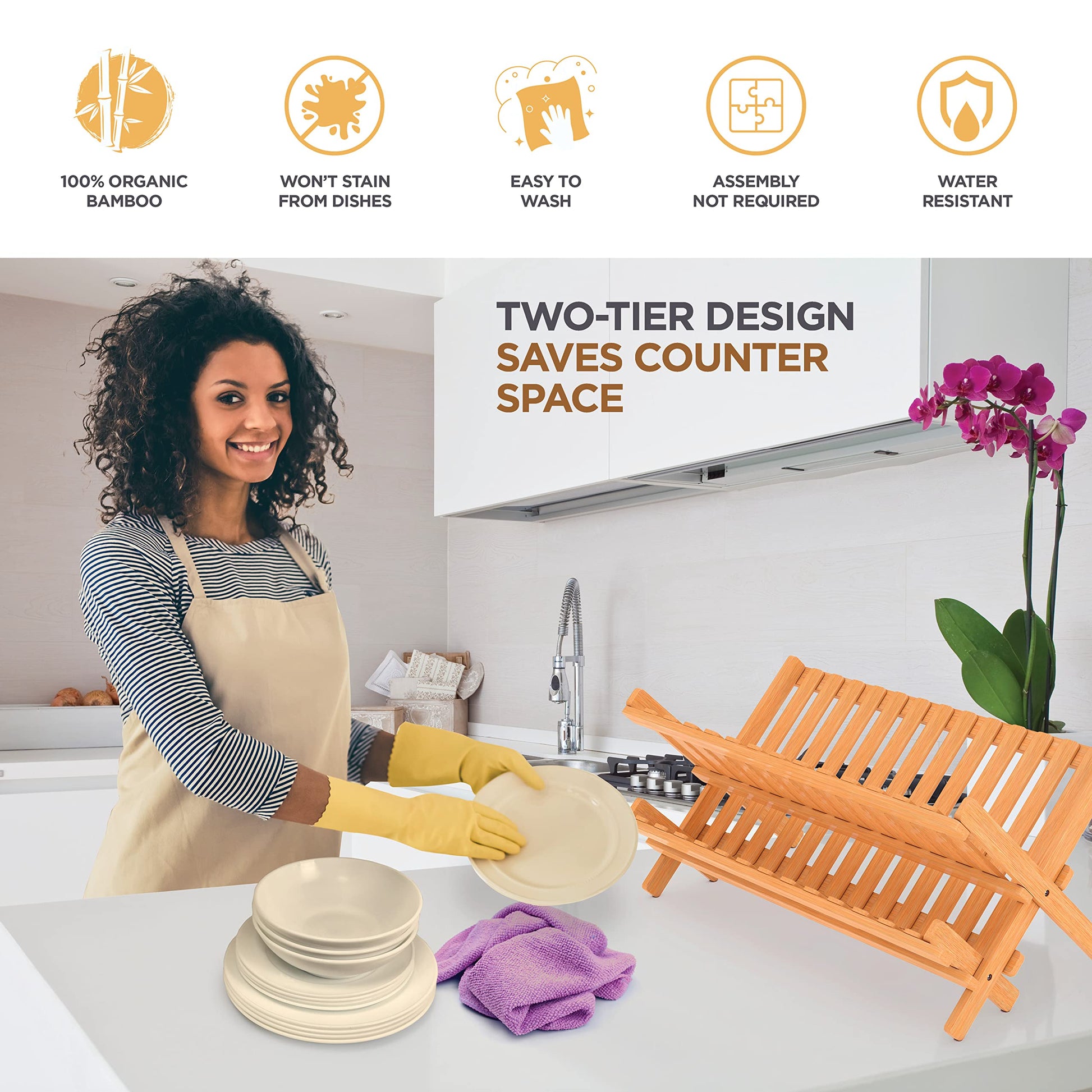 BAMBUSI Dish Drying Rack - Collapsible 2-Tier Bamboo Dish Rack for Kitchen Counter, Wooden Dish Drainer with Foldable Space-Saving Design - Drying Rack for Dishes, Plates, and Cups - Housewarming Gift