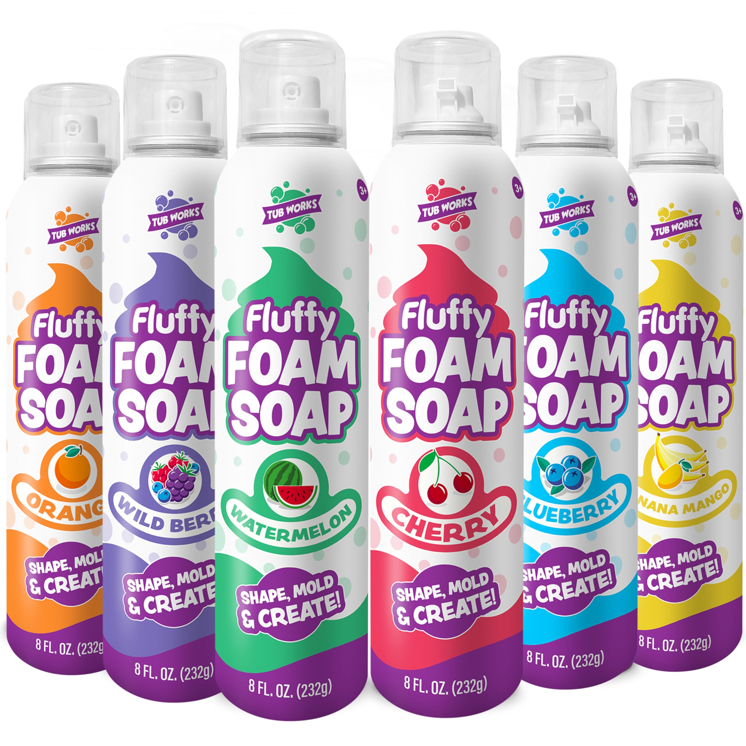 Tub Works Fluffy Foam Soap, Variety 6 Pack | Shape, Mold & Create Bath Art with Soft Bath Foam for Kids | Gentle, Cleansing Kids Bath Soap | Easy-to-Use Spray Nozzles | Fruity, Fun Bath Colors