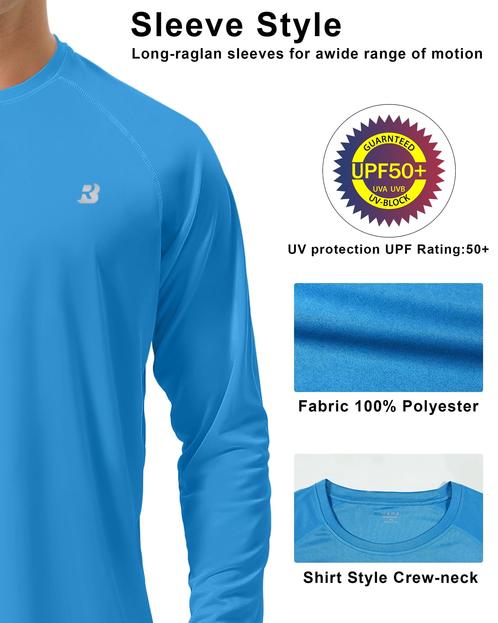 Roadbox Mens UPF 50+ UV Sun Protection Shirts Outdoor Long Sleeve SPF Diving Rash Guard for Fishing Hiking Swimming