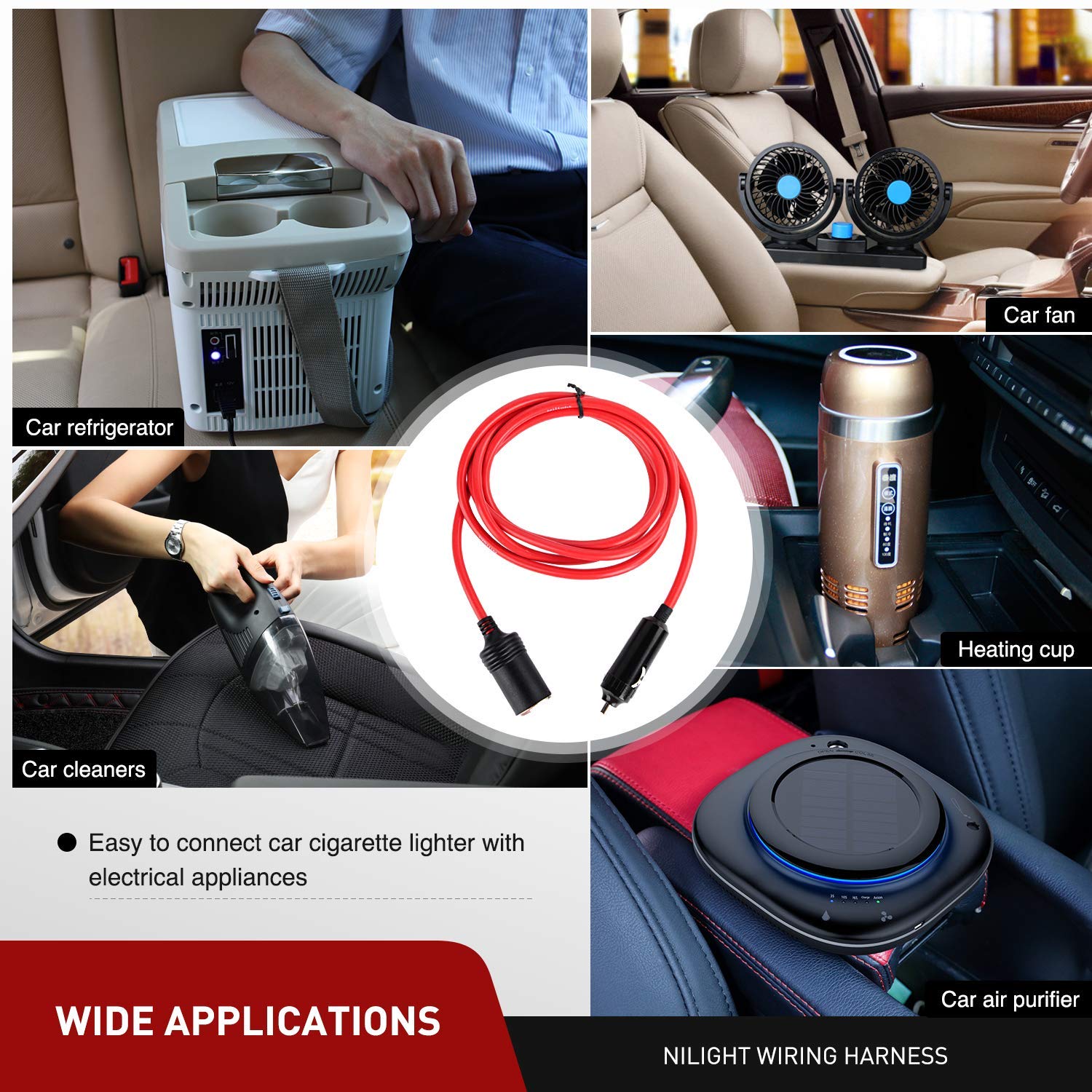 Nilight 10003W 14 Ft Male-to-Female Extension Cord Cable Heavy Duty 12V/24V Car Charger with Cigarette Lighter Socket,2 Years Warranty, red