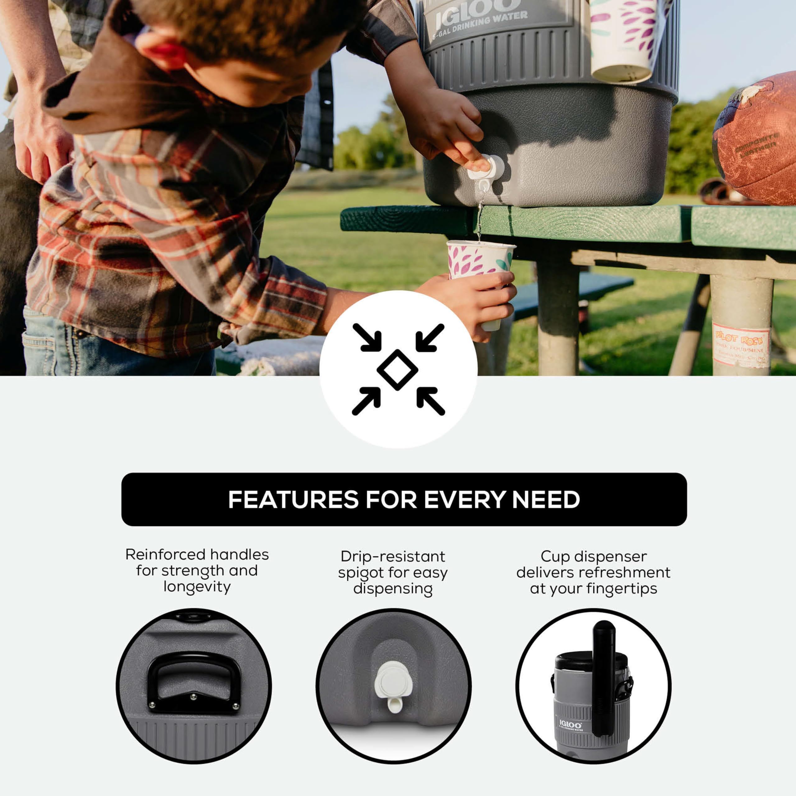 Igloo 5 Gallon Portable Sports Cooler Water Beverage Dispenser with Flat Seat Lid, Insulated Beverage Dispenser, Grey/Black