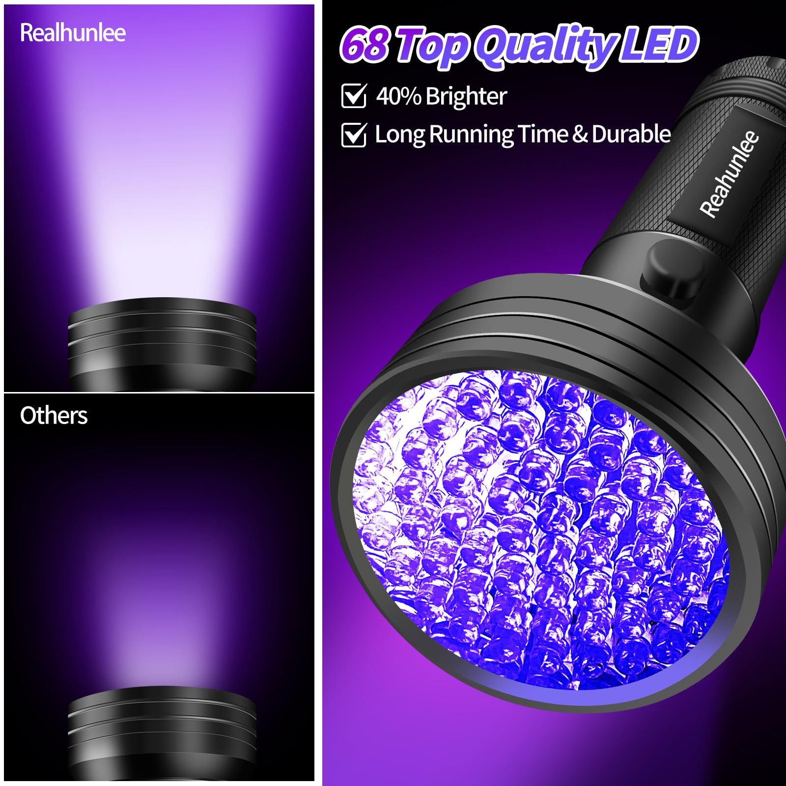 REALHUNLEE Air Conditioner UV Dye Leak Detector, Pro Auto Oil AC UV Dye Leak Test Detection Tool Kit 68 LED A/C UV Flashlight Detector with Protective Glasses