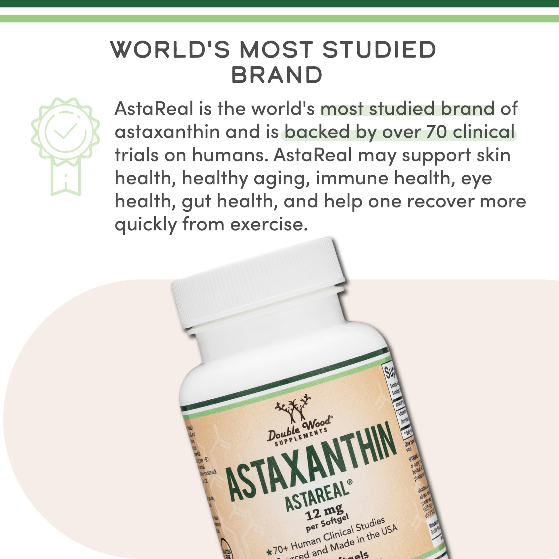 Astaxanthin 12mg Max Strength (Only Patented Astaxanthin (Astrareal) with 70+ Human Clinical Trials - World's Most Studied Brand) Grown, Harvested, and Made in The USA (Astaxantina) by Double Wood
