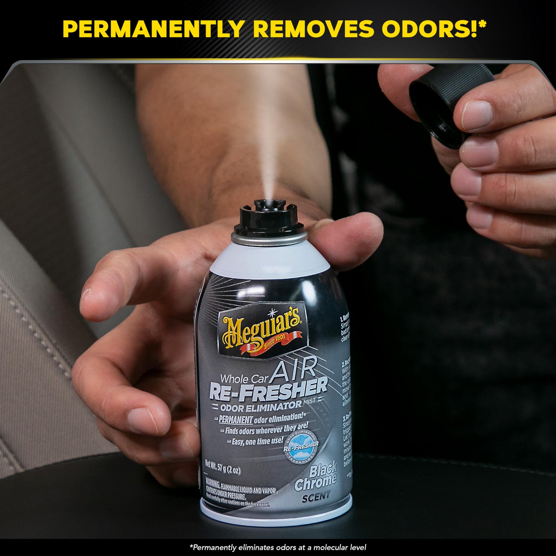 Meguiar's Whole Car Air Refresher, Car Odor Eliminator Spray Permanently Eliminates Unwanted Vehicle Odors Throughout Your Interior, Black Chrome Scent, 2 Oz Aerosol Canister