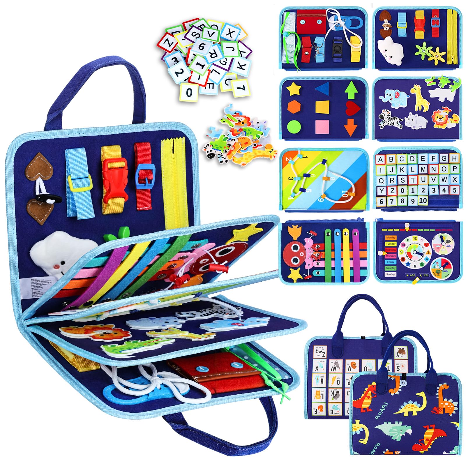 Esjay Toddler Busy Board ألعاب مونتيسوري للأولاد، لوحة حسية للأنشطة التعليمية لتعلم المهارات الحركية الدقيقة، هدايا عيد ميلاد للأولاد الصغار، ألعاب سفر للطائرة والسيارة، ديناصور أزرق