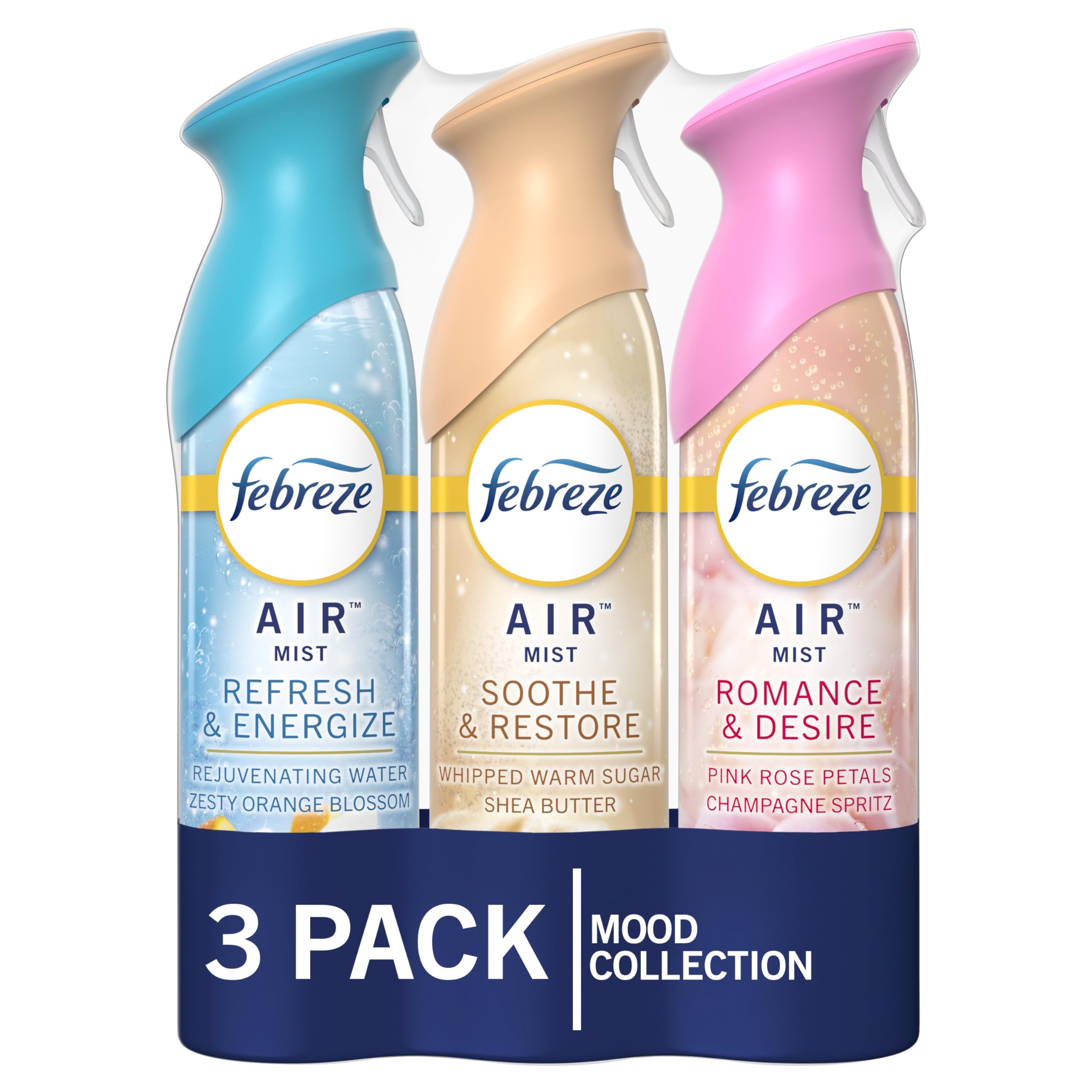 Febreze Air Mist Air Freshener Spray, Odor-Fighting Room Spray for Home and Bathroom and Kitchen, Aerosol Can, Refresh & Energize, Soothe & Restore, Romance & Desire Scent, 8.8oz, 3 Count