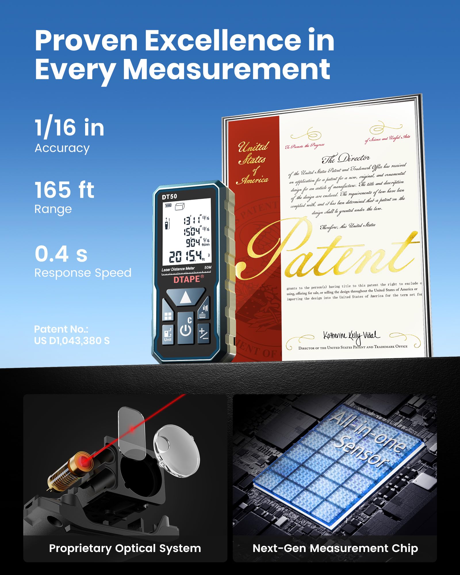 Laser Measure, DTAPE 165 Ft Digital Laser Distance Meter, Upgraded High-Accuracy Laser Measuring Tool, Electronic Tape Measure, 2" Backlit LCD Display, Area/Volume/Indirect Measurement, in/Ft/Ft+in/M