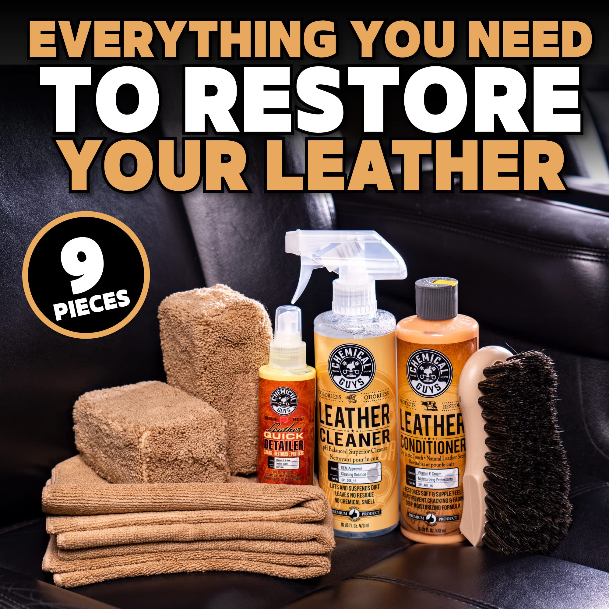 Chemical Guys HOL303 Leather Cleaner and Conditioner Detailing Kit, for Interiors, Apparel, Furniture, Boots, and More (Works on Natural, Synthetic, Pleather, Faux Leather and More), 9 Items,Colorless