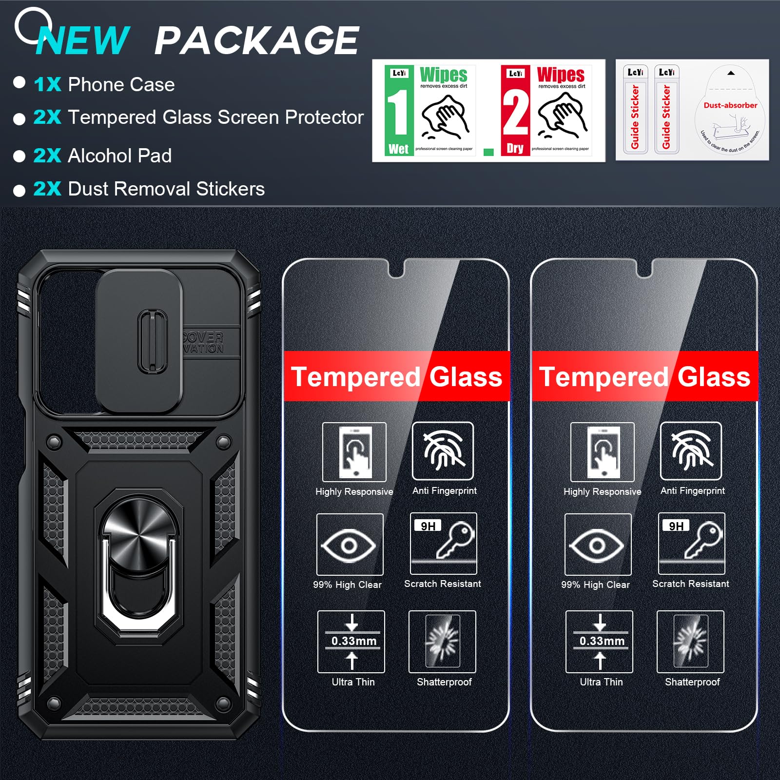 LeYi for Galaxy A16-5G Phone Case: Galaxy A16 5G Screen Protector [2 Packs] with Camera Cover, Military-Grade Heavy Duty Protection Cell Android Basic Funda para Samsung Galaxy A 16 5G Phone, Black