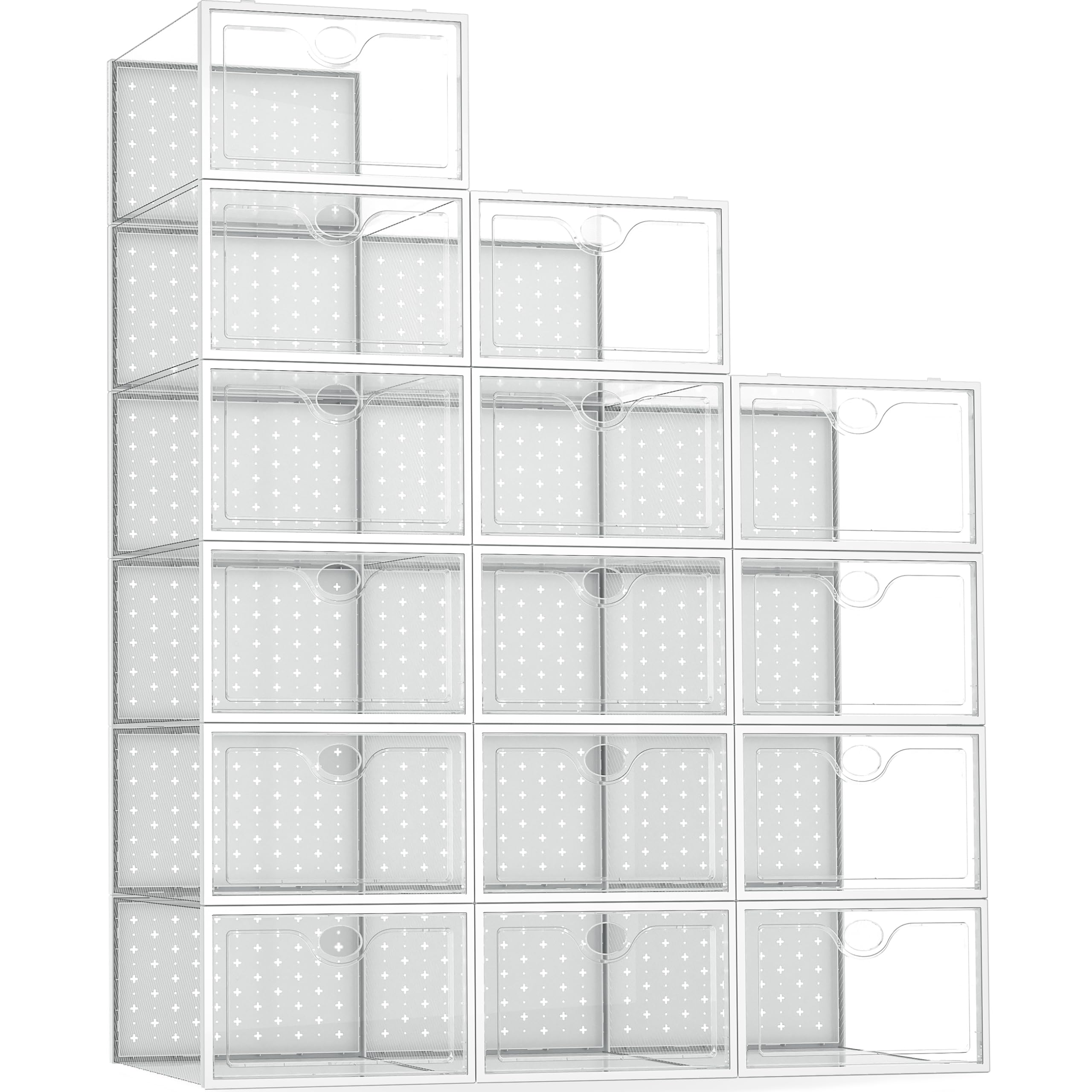 Pinkpum 15 Pack X-Large Shoe Storage Boxes Fit US Size 12, Shoe Organizer for Closet Clear Plastic Stackable Shoe Dispaly Case Holder Bins, Sneaker Storage for Sneakerheads White