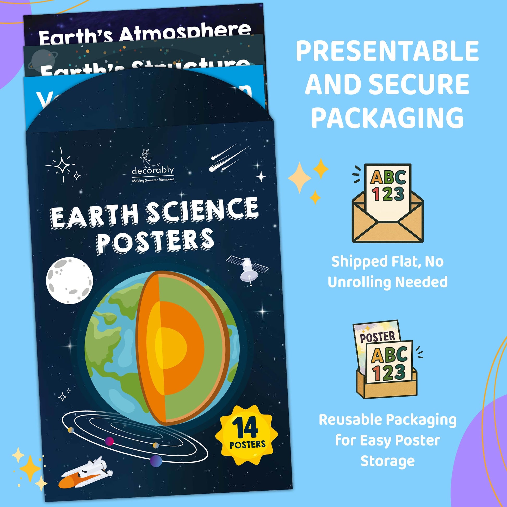 Decorably 14 Earth Science Posters for Classroom Middle School, 11x17in Matte-Laminated Educational Science Decorations for Classroom - School Hallways, Bulletin Boards, Home Study Room