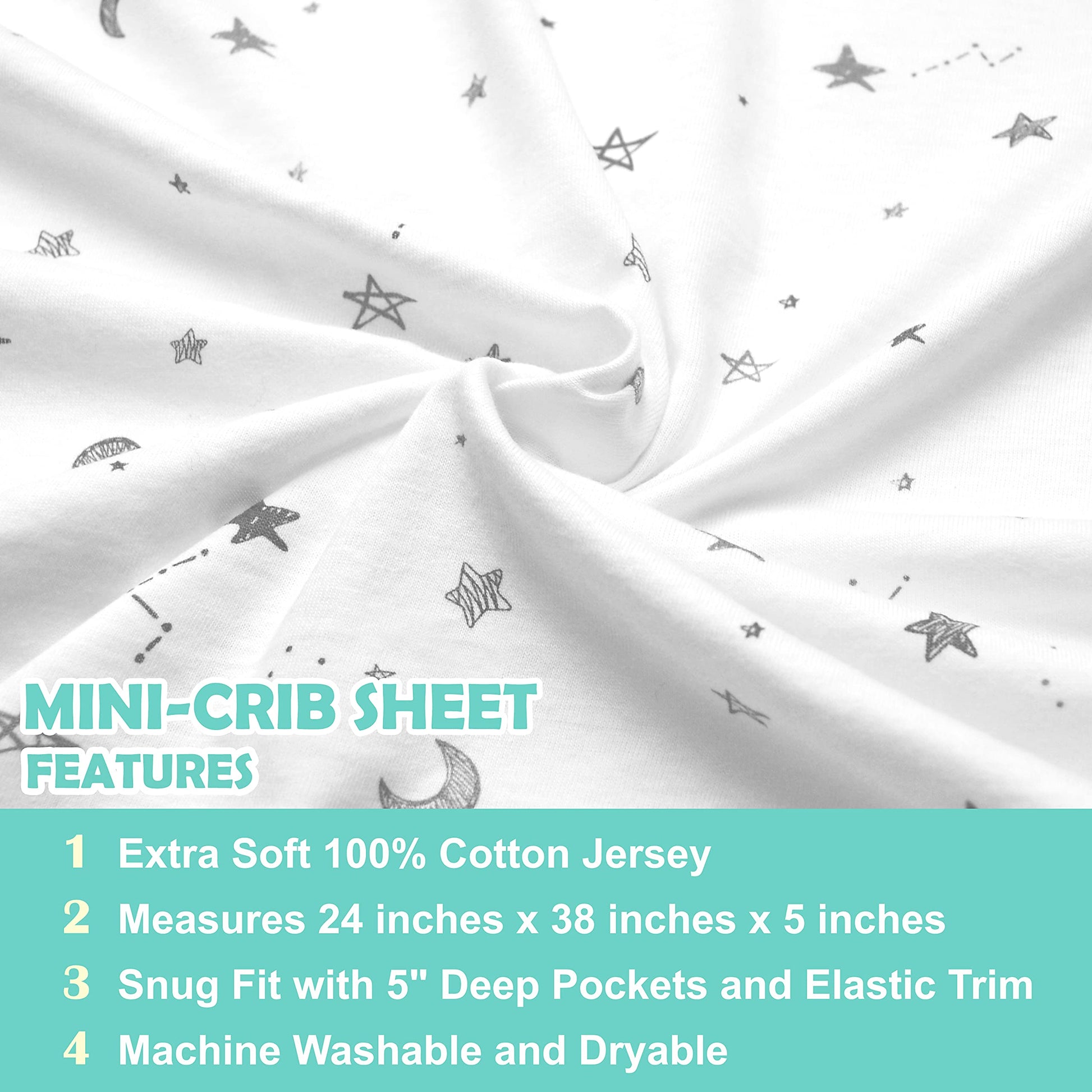 American Baby Company 3 Pack 100% Natural Cotton Fitted Mini Crib Sheets 38" x 24" - Soft & Breathable Small Nesting Portable Sheets, Fits Pack N Play Mattresses, Gray Star/Zigzag, for Boys & Girls