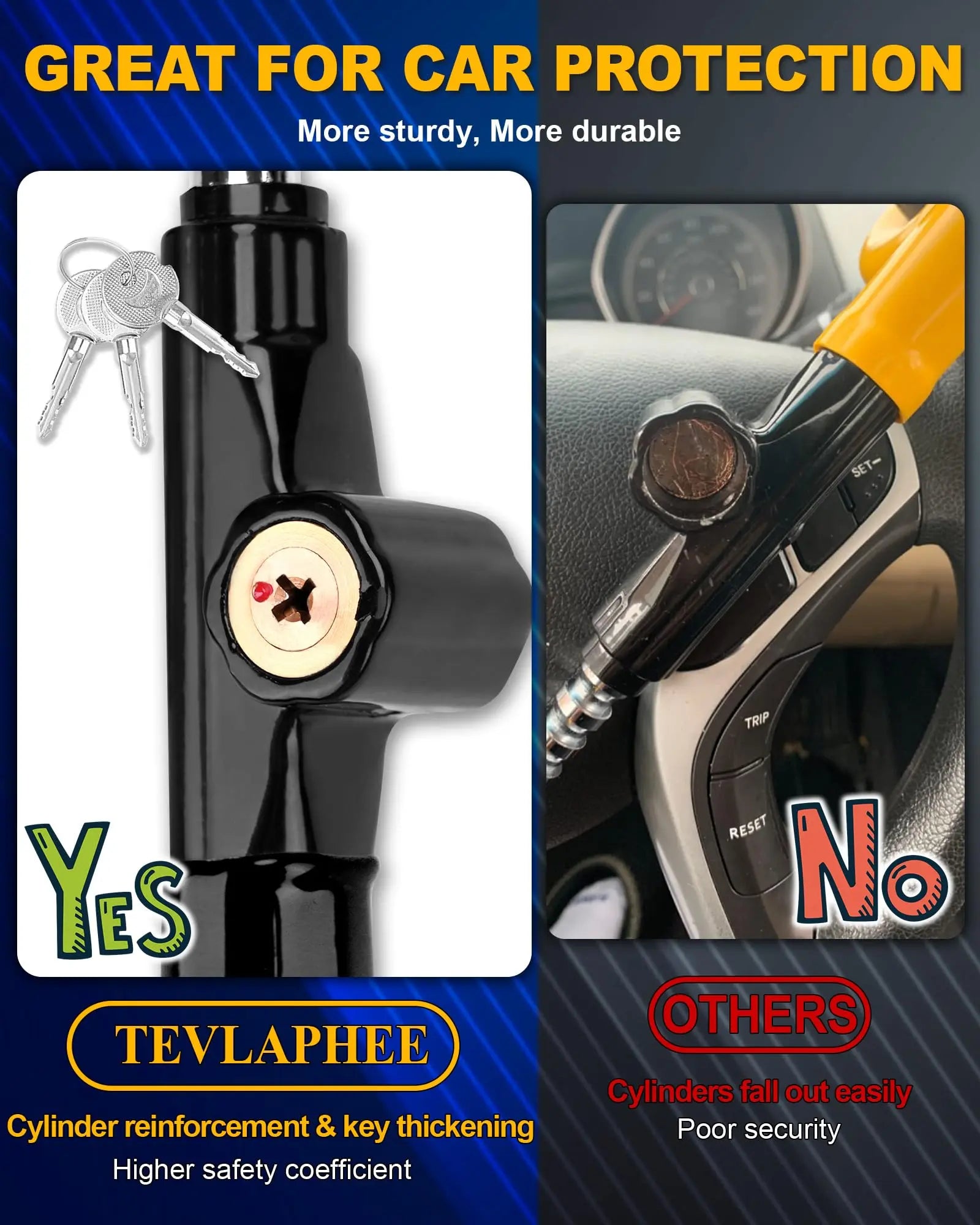 Tevlaphee Steering Wheel Lock Anti-Theft Device Security Car Lock Anti Theft Car Device Visible Antitheft Locking Devices Adjustable Car Wheel Lock for Cars with 3 Keys (Black)