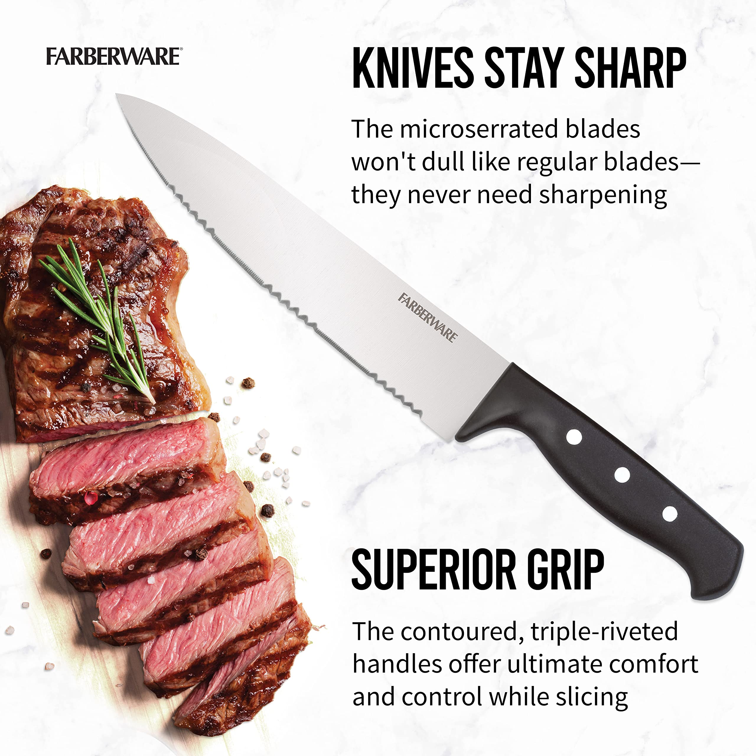 Farberware 22-Piece Never Needs Sharpening Triple Rivet High-Carbon Stainless Steel Knife Block and Kitchen Tool Set, Black, Durable ANDPrecision Cutlery