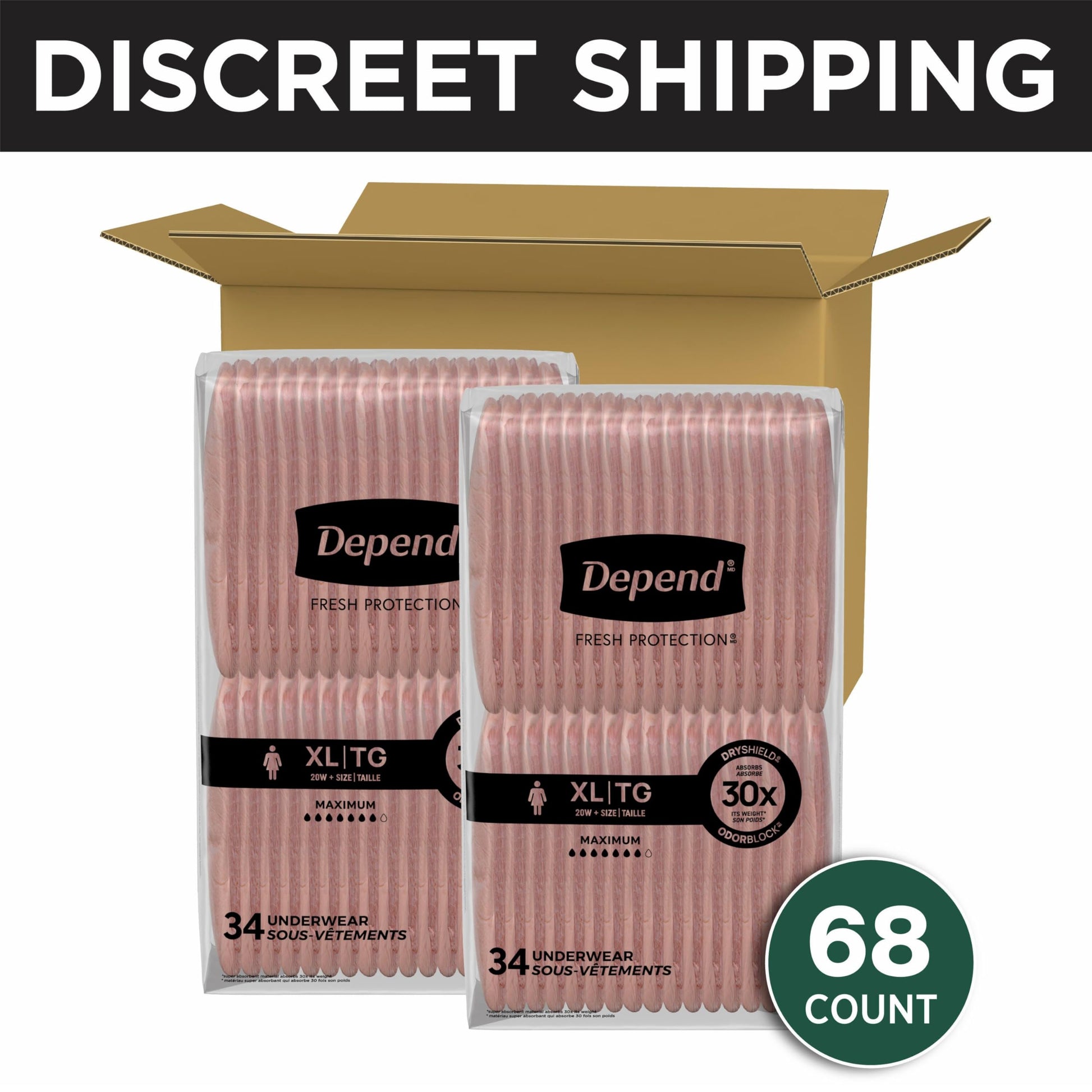 Depend Fresh Protection Adult Incontinence & Postpartum Bladder Leak Underwear for Women, Disposable, Maximum, Extra-Large, Blush, 68 Count (2 Packs of 34), Packaging May Vary