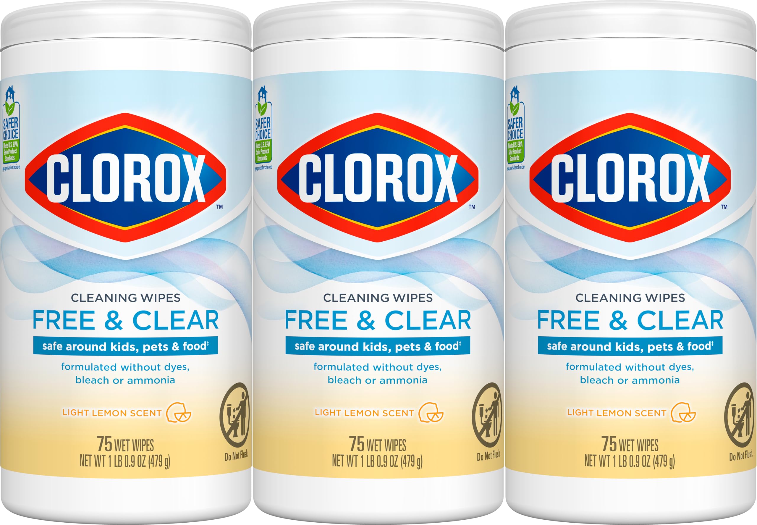 Clorox Free & Clear Cleaning Wipes, Light Lemon Scent, 75 Count, Pack of 3 (Pack May Vary)