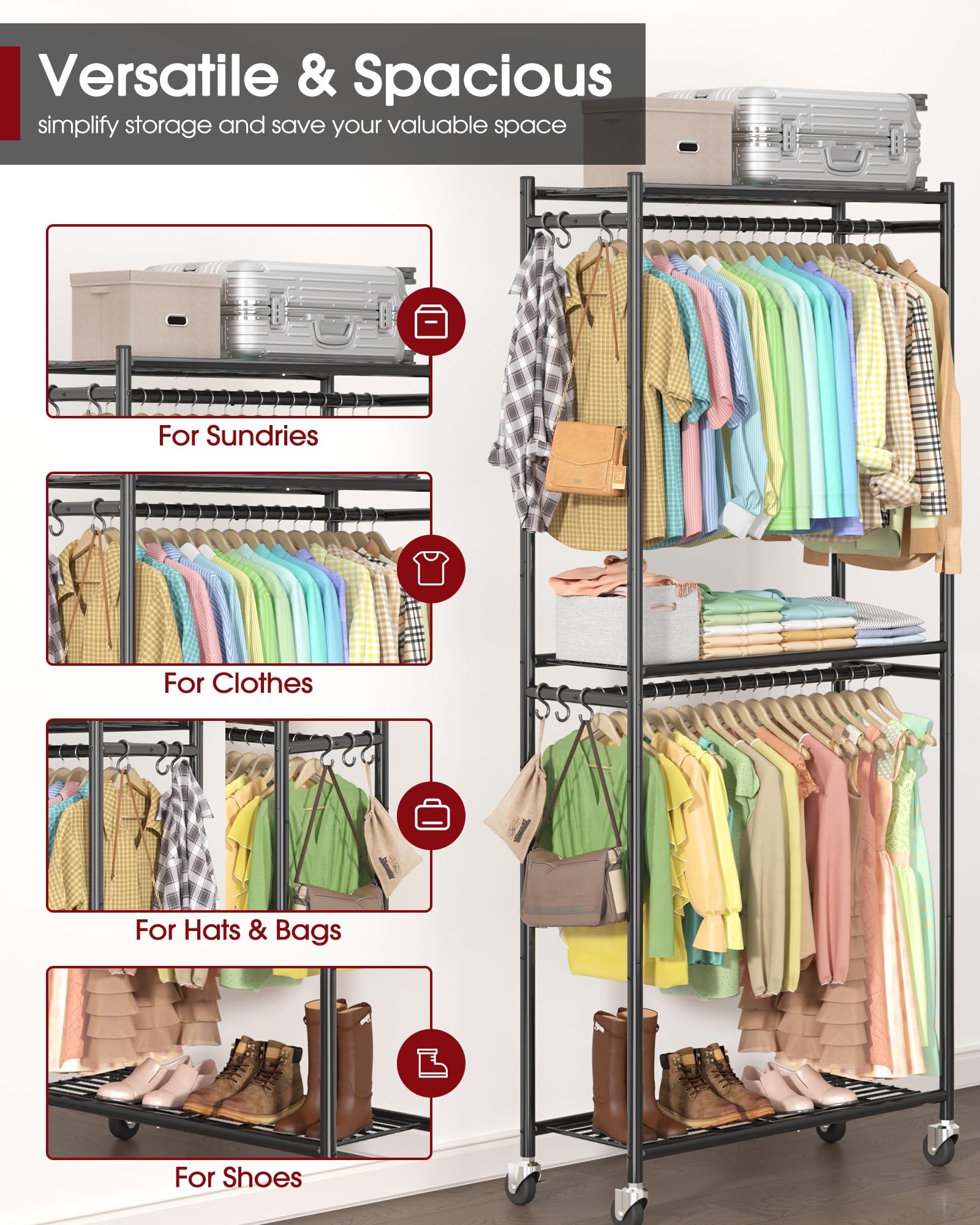 Sakugi Clothes Rack - 33.0" x 12.2" x 79.5" Clothing Rack with Shelves & Wheels, Multi-Functional Wardrobe Closet with Hooks, Sturdy Metal Garment Rack for Bedroom, Laundry, Balcony (Black)
