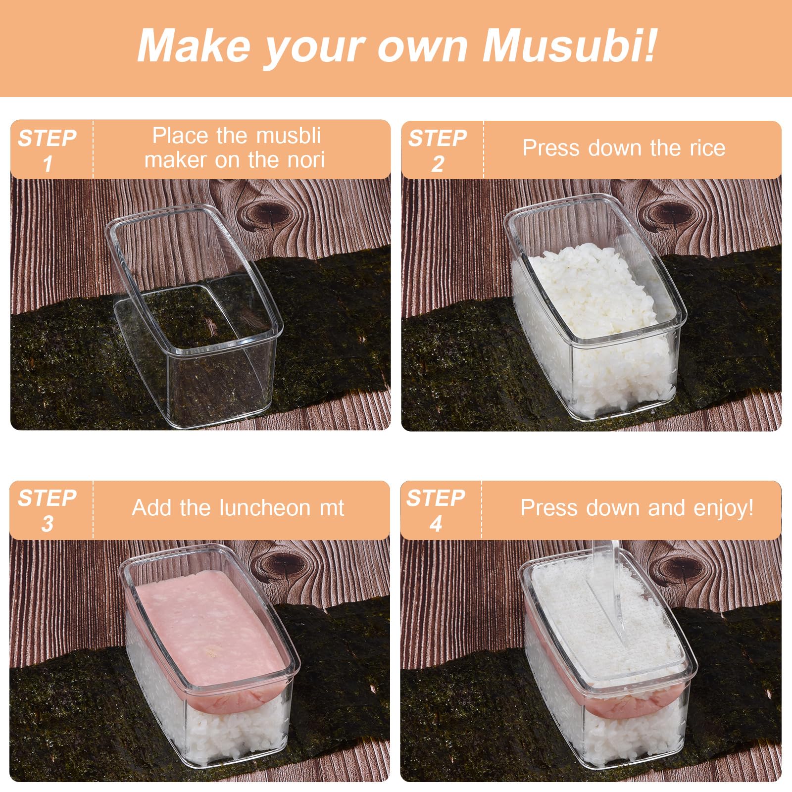 3-Piece Clear Musubi Maker Kit with Luncheon Meat Slicer - Non-Stick Onigiri Press Mold, BPA-Free Sushi Mold for Hawaiian Musubi
