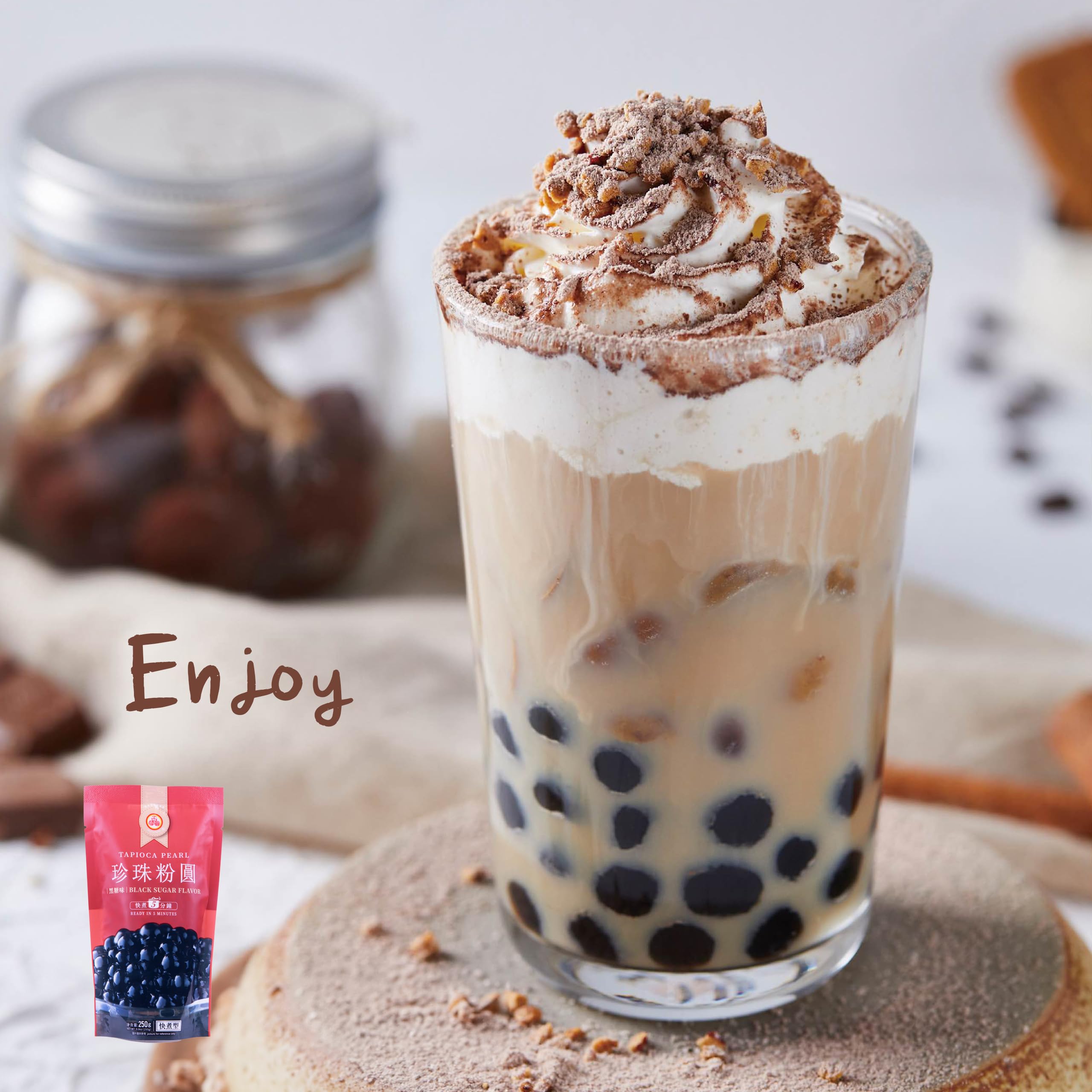 WuFuYuan Boba Tapioca Pearls, Black Sugar Flavor, Ready to Cook in 5 Minutes or Microwave in 3 Minutes, 8.8 oz. (Pack of 2)