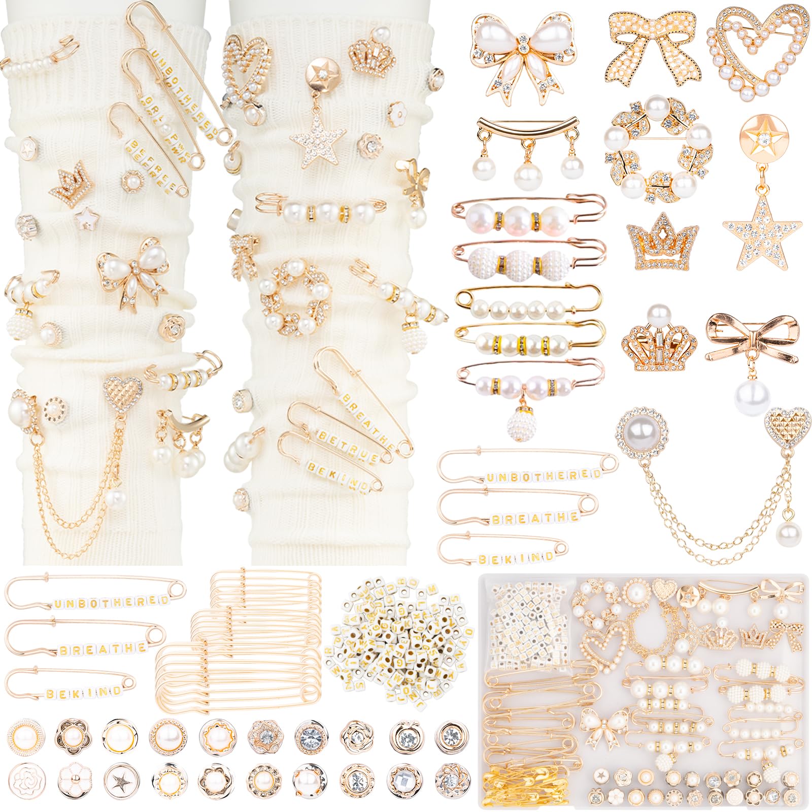 DoDoBeads 335 Pcs Junk Socks Charms Kit with Letter Beads, Gold Charm for Socks and Sneakers, Brooches and Pins for Women, Charms for Sock Safety Pin, Junk Charm with Pearl, Rhinestone