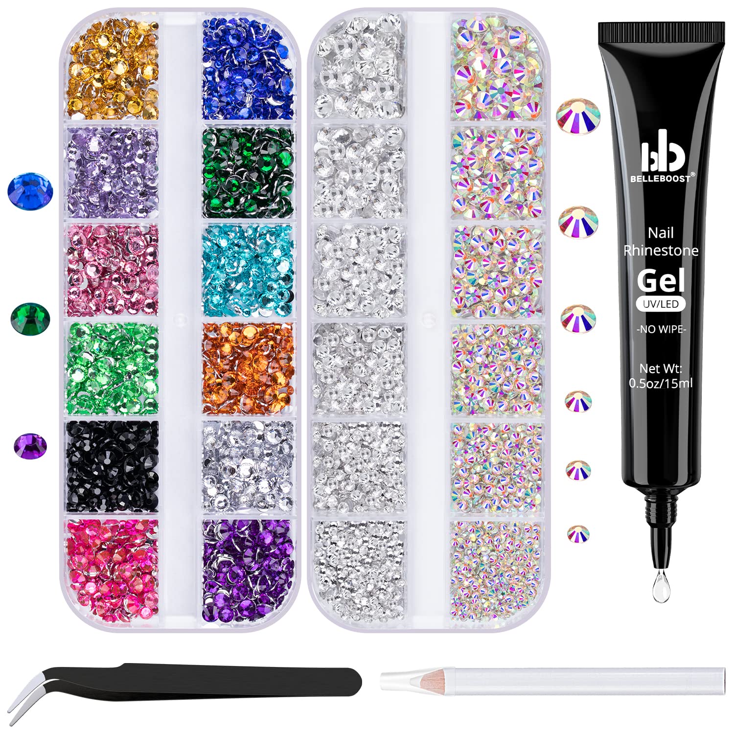 BELLEBOOST Nageldesign Strasssteinkleber Gel & 2 Boxen Flatback Strasssteine Kit, 1 Tube mit 15ml Strassstein Gelkleber + bunte Strasssteine + flache runde Glas-Kristall AB & klare Edelsteine mit Aufnahmewerkzeugen