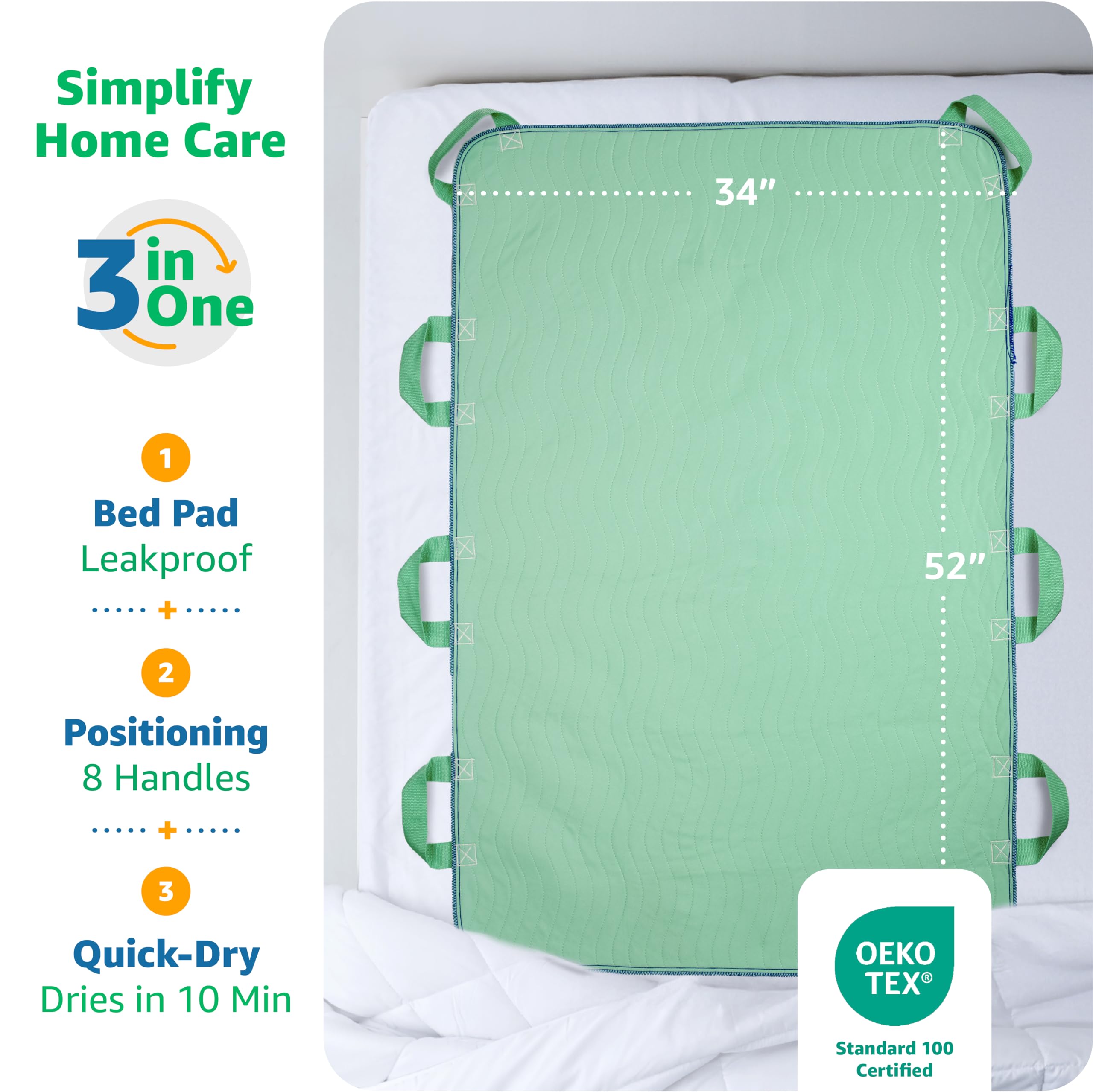 Improvia Positioning Bed Pad 34"x52" with 8 Reinforced Handles, Quick-Drying, Washable, Waterproof, Reusable, Mattress Protection, for Lifting, Turning, Transfer, Elderly and Incontinence Patients.