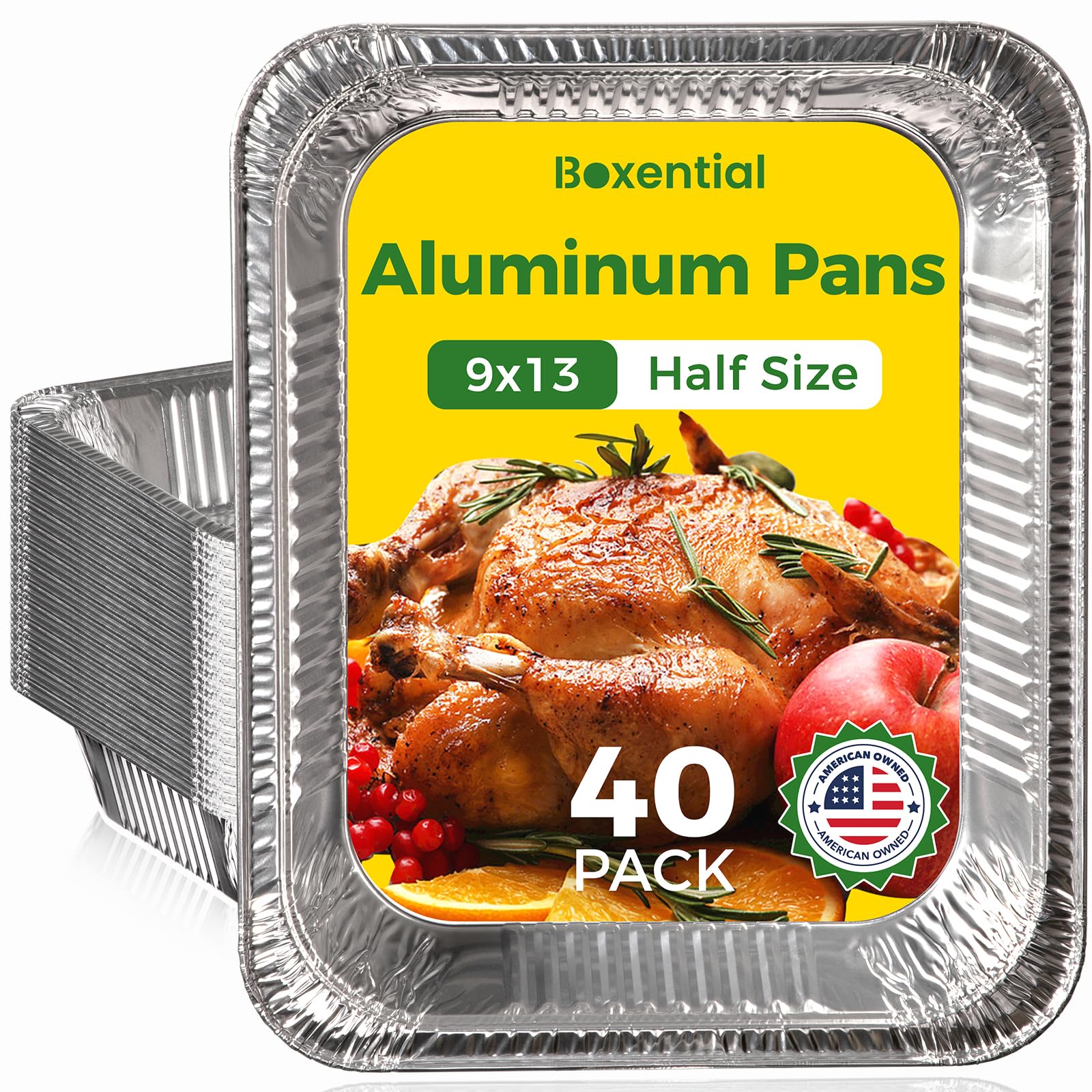 Boxential 9x13 Aluminum Pans [40 Pack], Extra Heavy Duty Half Size Disposable Aluminum Foil Pans, Deep Baking Pans for Cooking, Roasting, Heating, and Steam Tables