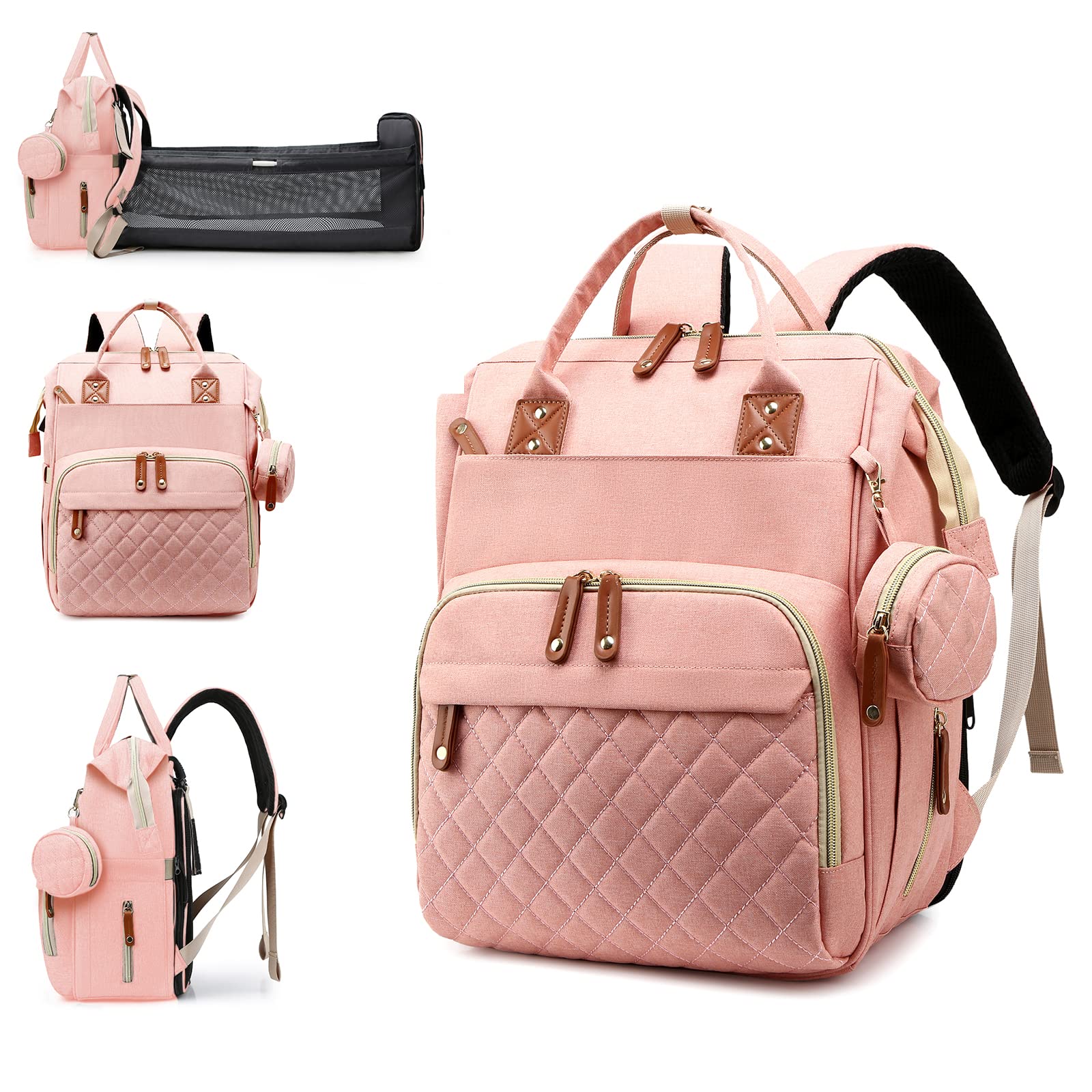 Diaper Bag with Changing Station, Waterproof 3 in 1 Baby Diaper Backpack with Foldable Changing Pad, Large Travel Back Pack for Baby Girl Boy, Peach Pink