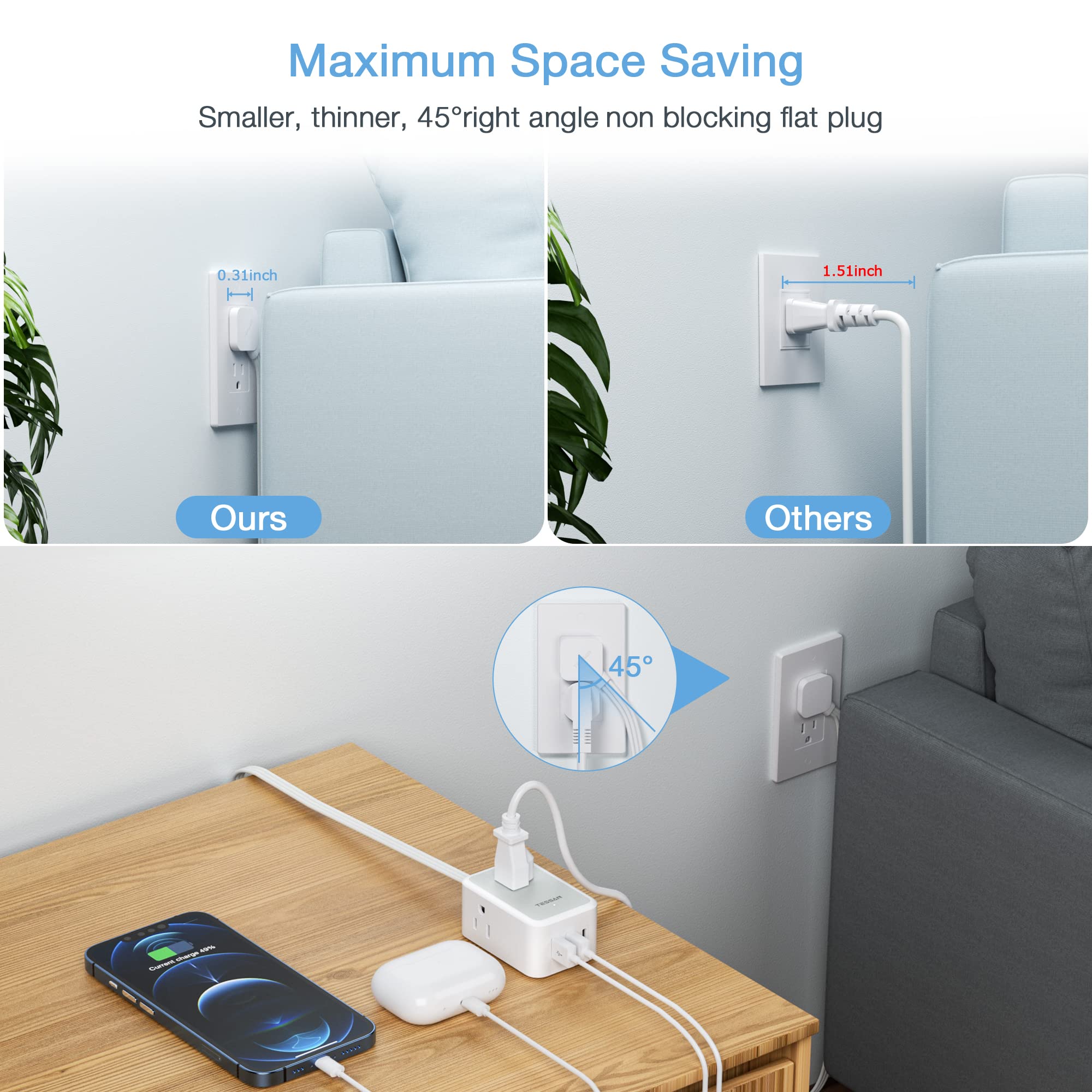 Small Flat Plug Power Strip, TESSAN Ultra Thin Extension Cord with 3 USB Wall Charger (1 USB C), 3 Outlets Mini Charging Station, 5 ft Slim Plug for Cruise Travel Office School Dorm Room Essentials