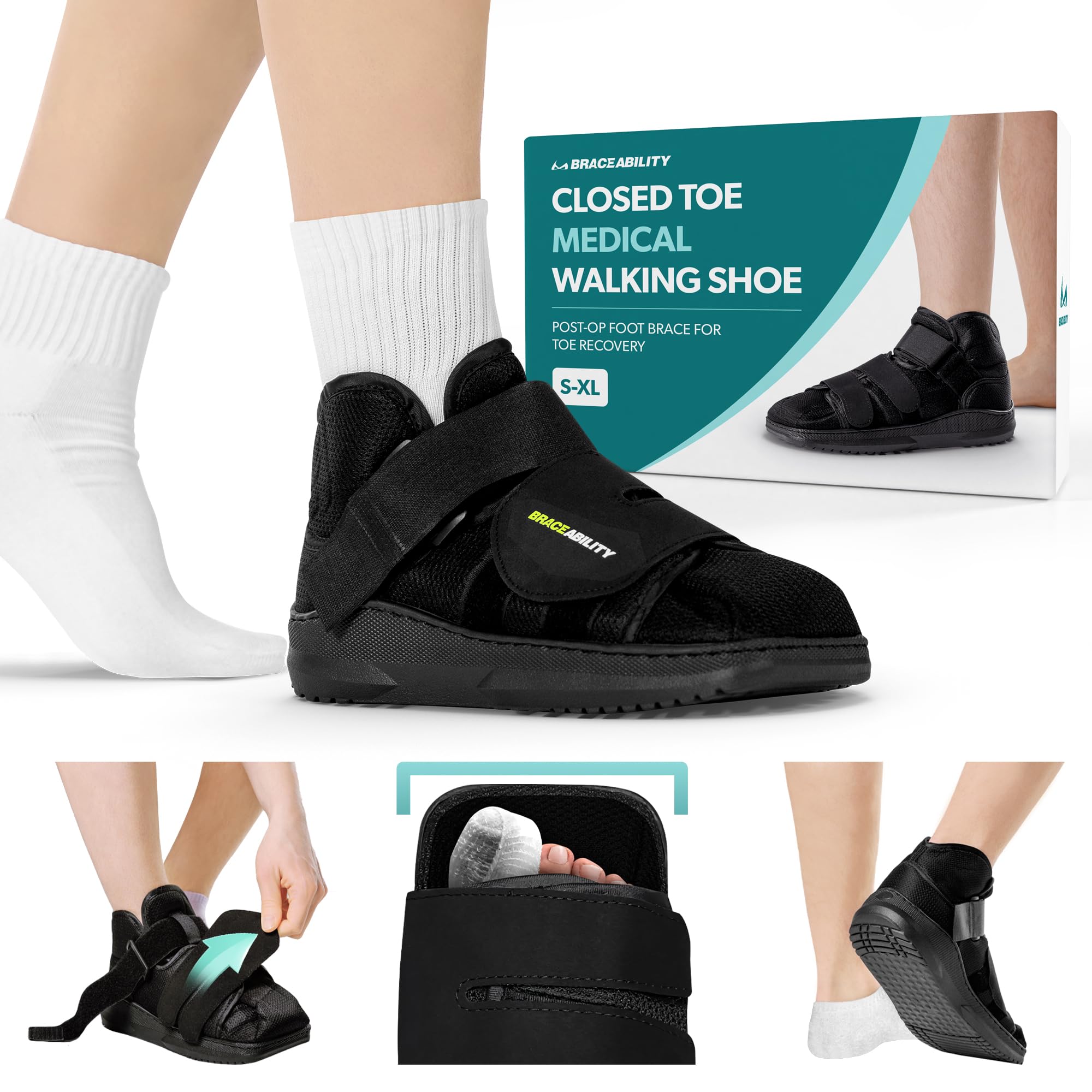 BraceAbility Closed Toe Medical Walking Shoe - Lightweight Broken Toe Cast Boot, Fractured Foot Brace for Metatarsal Stress Fracture, Post-op Bunion, Hammertoe Recovery - For Men or Women (M)