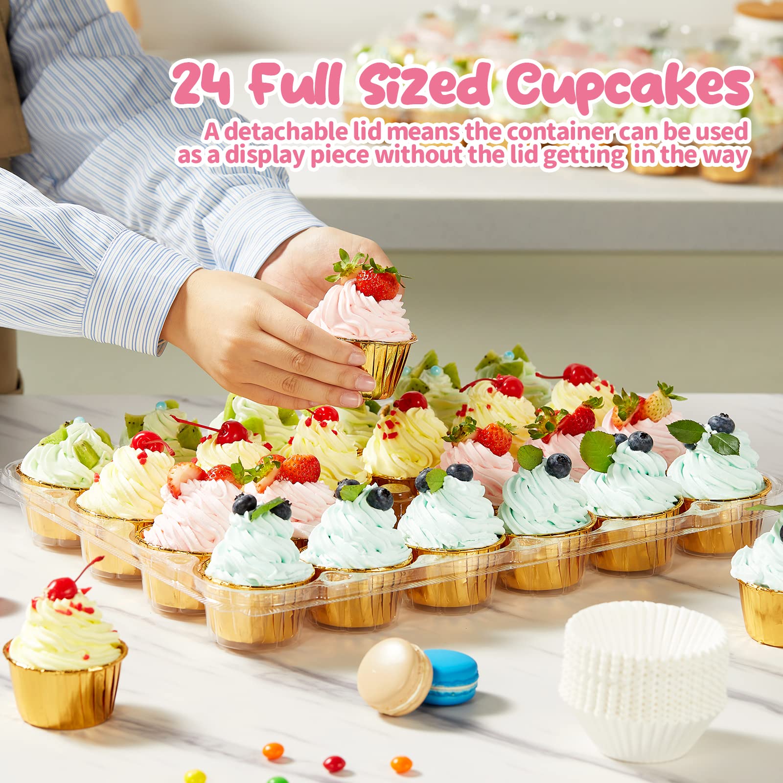 Gencywe (24 Pack x 10 Sets) Stackable Cupcake Carrier Holders with 240 Pack Cupcake Liners, Plastic Cupcake Boxes Holders for 24 Cupcakes, High Tall Dome Lid Cupcake Containers, Clear Cupcake Trays