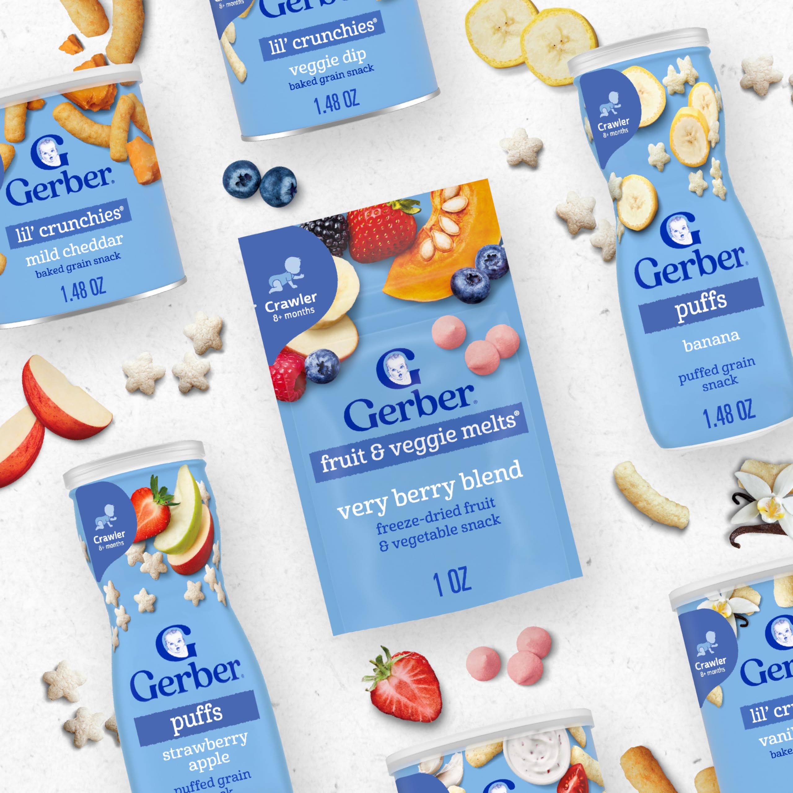 Gerber Stage 3 Baby Food Snacks, Mild Cheddar Lil' Crunchies, Snacks for Babies, Baby Led Feeding, 6-Pack