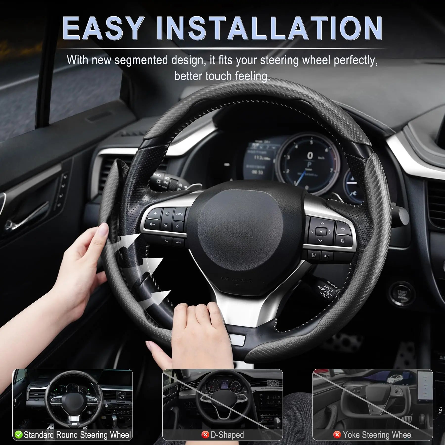 Amiss 3pcs Carbon Fiber Anti-Skid Steering Wheel Cover, Segmented & Butterfly Design, Universal 99% Car Wheel Cover Protector, Black