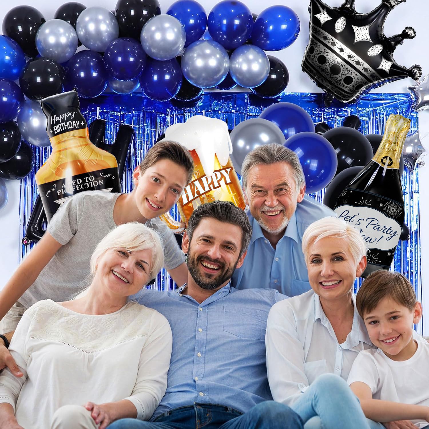 Blue and Black Happy Birthday Decorations for Men,Birthday Decorations with Banner, Fringe Curtains,Foil Balloons, Balloon Kits for 21st,25th 27th 30th 35th 40 50 60th Birthday Decorations
