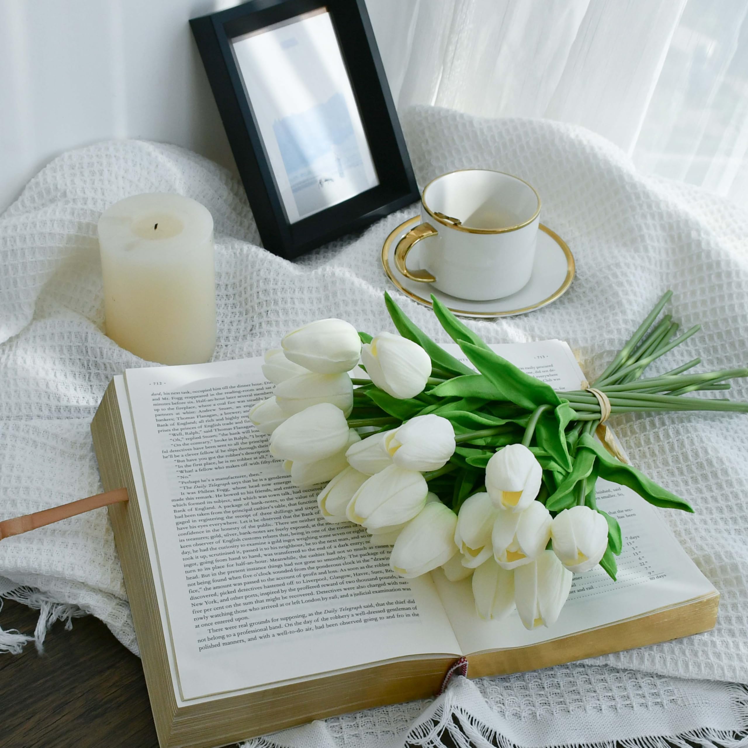 Mandy's Artificial Tulips 20 Stems White PU Faux Flowers for Wedding Home Decor 13.5 Inch