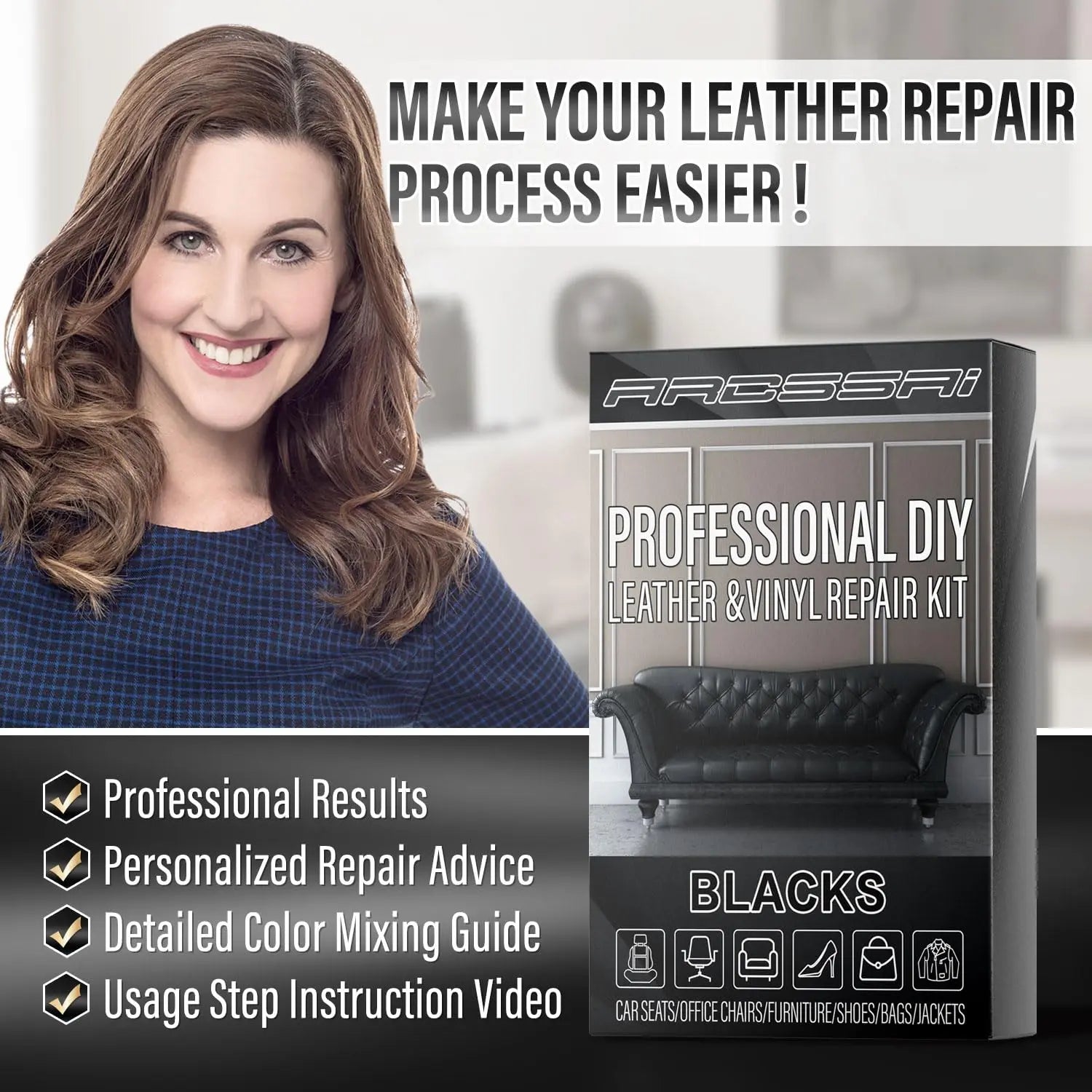 Black Leather Repair Kit, Vinyl Repair Kit for Car Seats, Couch, Boat, Sofa & Purse, Fix Scratch & Rip on Artificial, Faux, Genuine Leather, with Color Matching Guide & Super Easy Instructions
