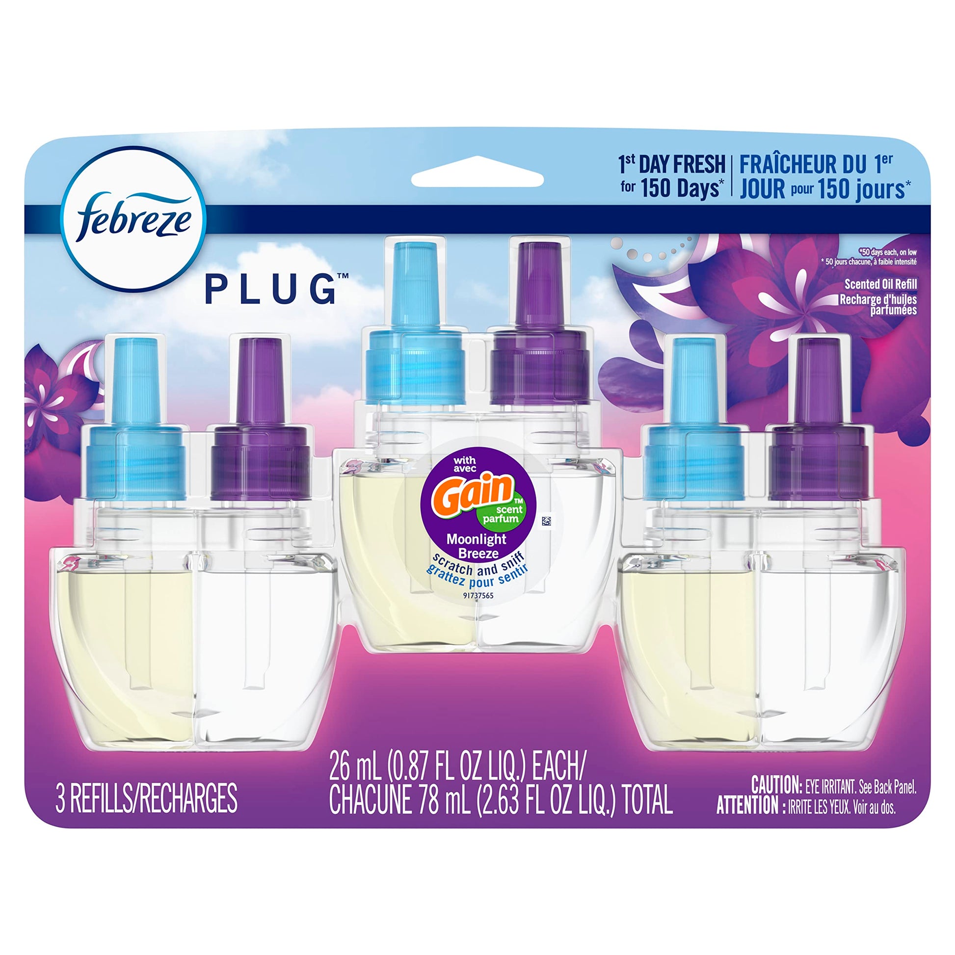 Febreze Plug In Air Freshener, Odor-Fighting Scented Oil Refill, Gain Moonlight Breeze, 3 Refills