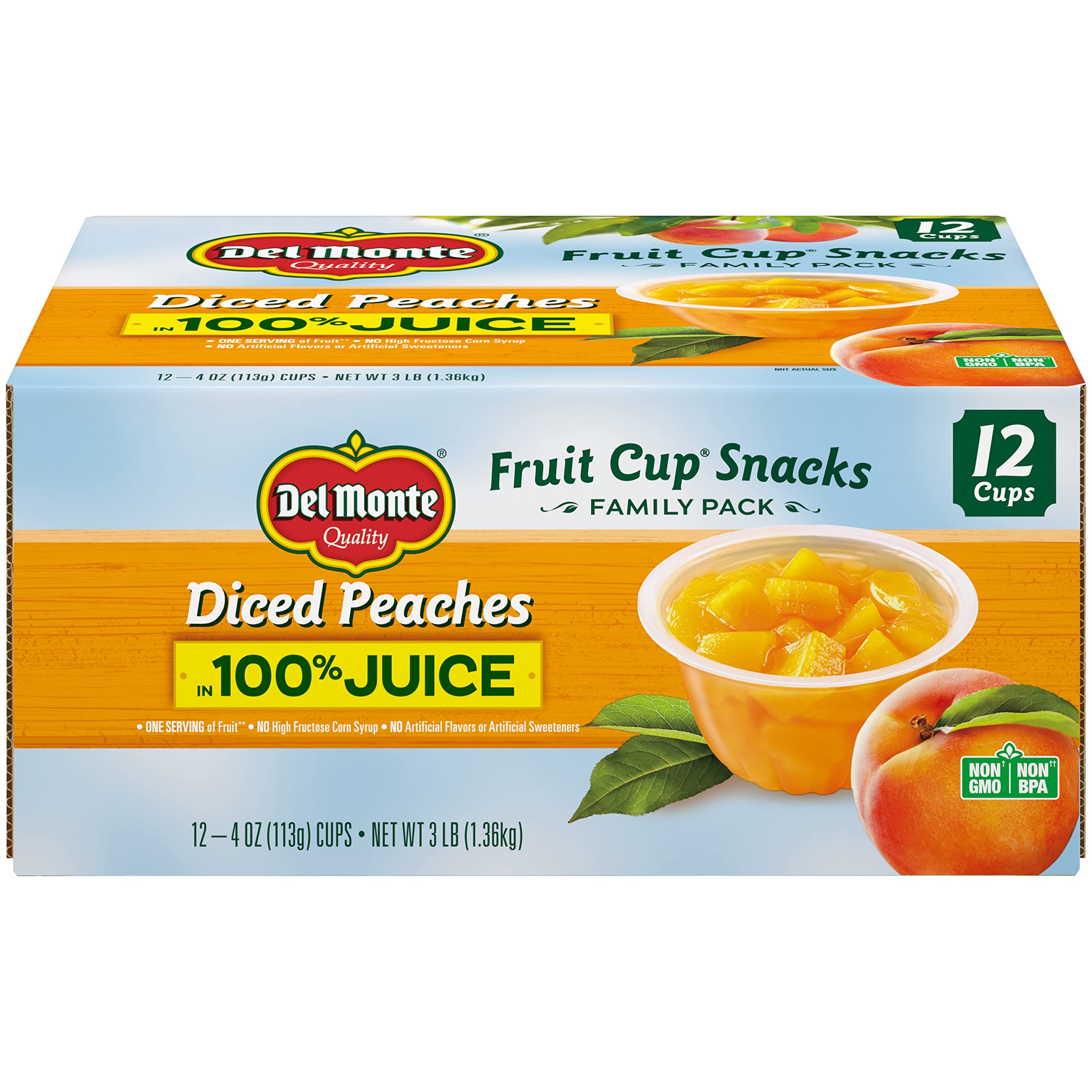 DEL MONTE وجبات خفيفة أكواب فواكه بالخوخ المقطّع في عصير فواكه 100%، 12 عبوة، 4 أونصات