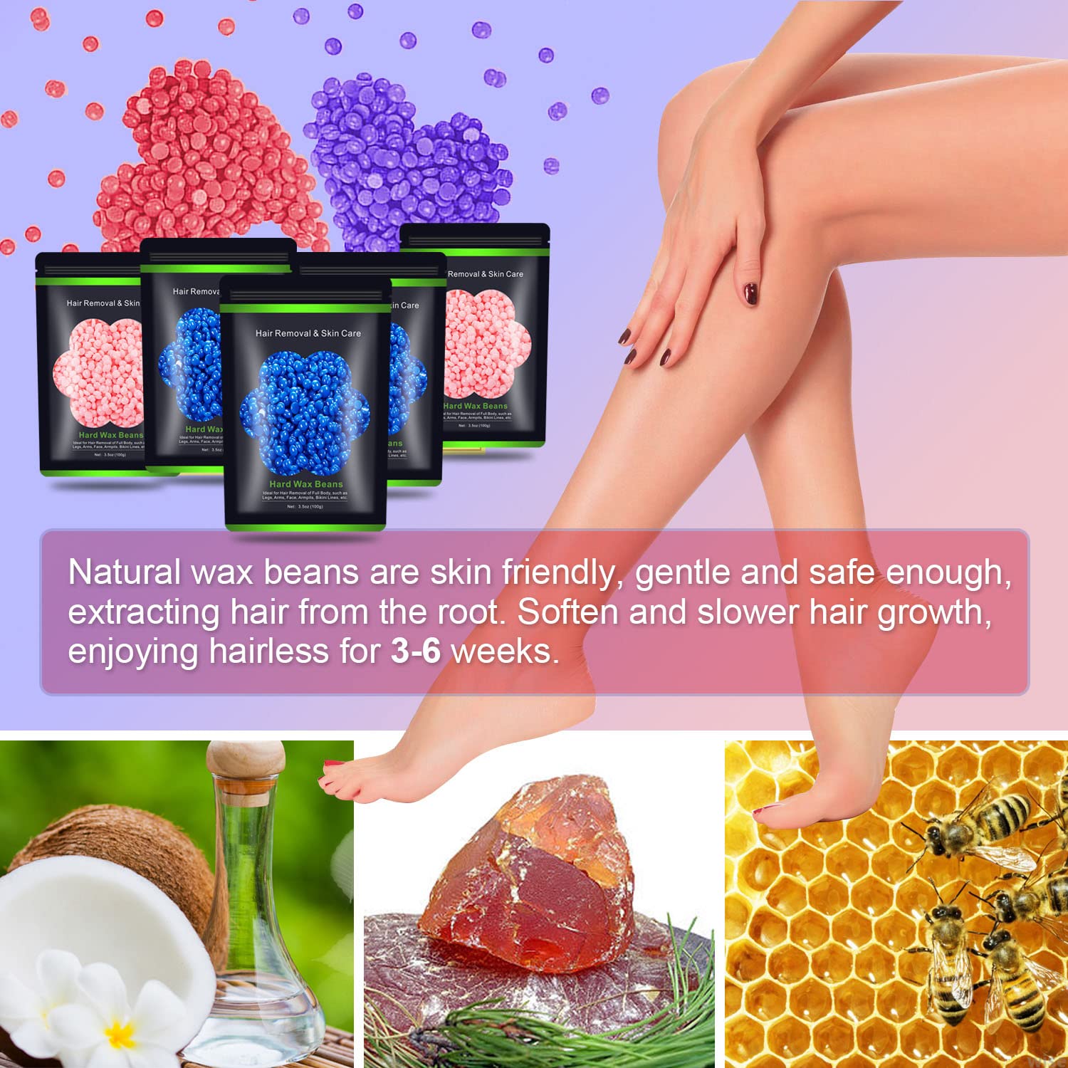 Auperwel Wax Beads for Hair Removal 1.1 lb (17.6 oz), Hard Wax Waxing Beads Kit for Sensitive Skin Brazilian, Face, Bikini, Eyebrow, Legs, Painless for Women Men, 5 packs with 10 Sticks