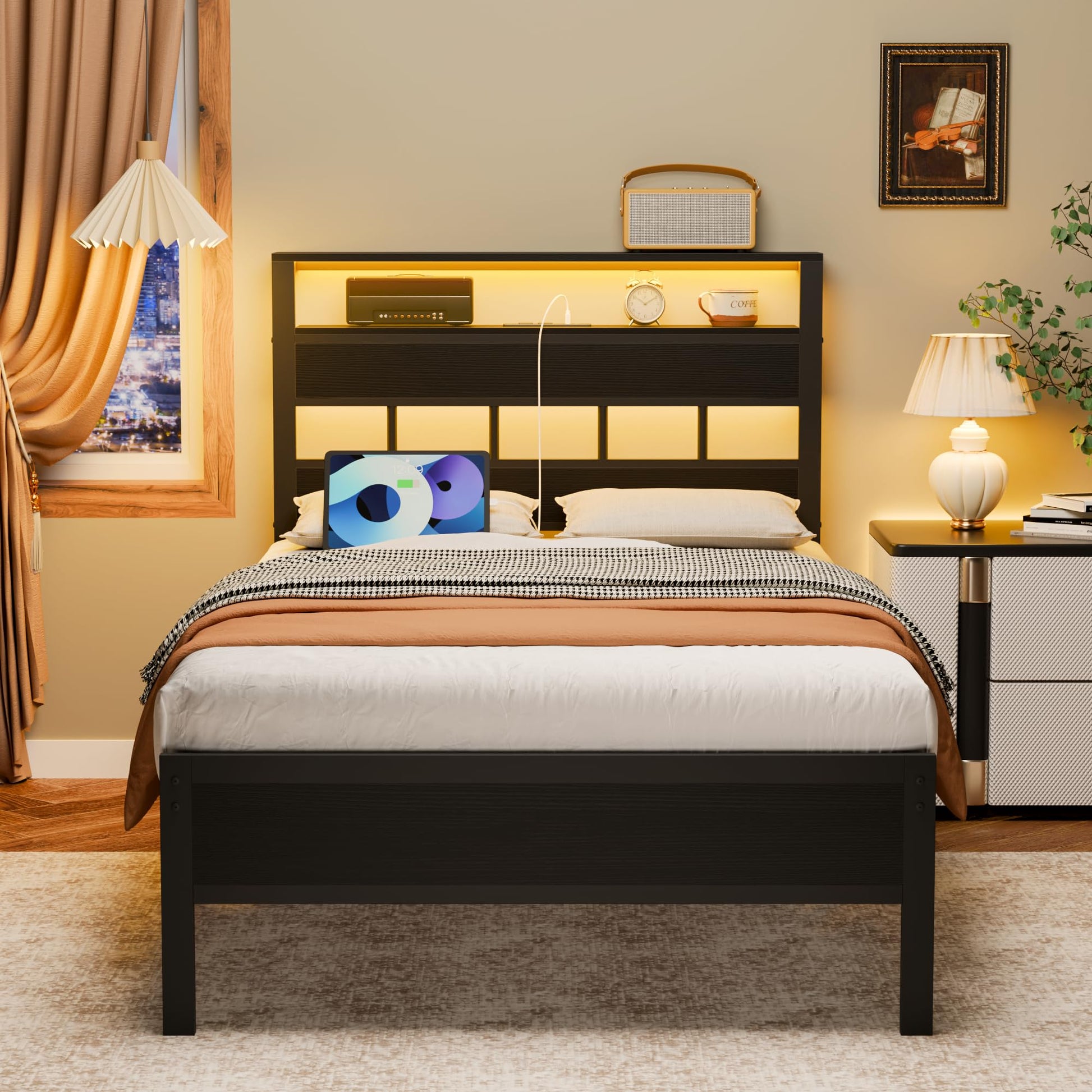 Furnulem Twin Bed Frames with Charging Station and LED Lights, Twin Size Platform Bed with Metal Slats, Wood Headboard with 2-Tier Storage Shelves, No Box Spring Needed, Black Oak