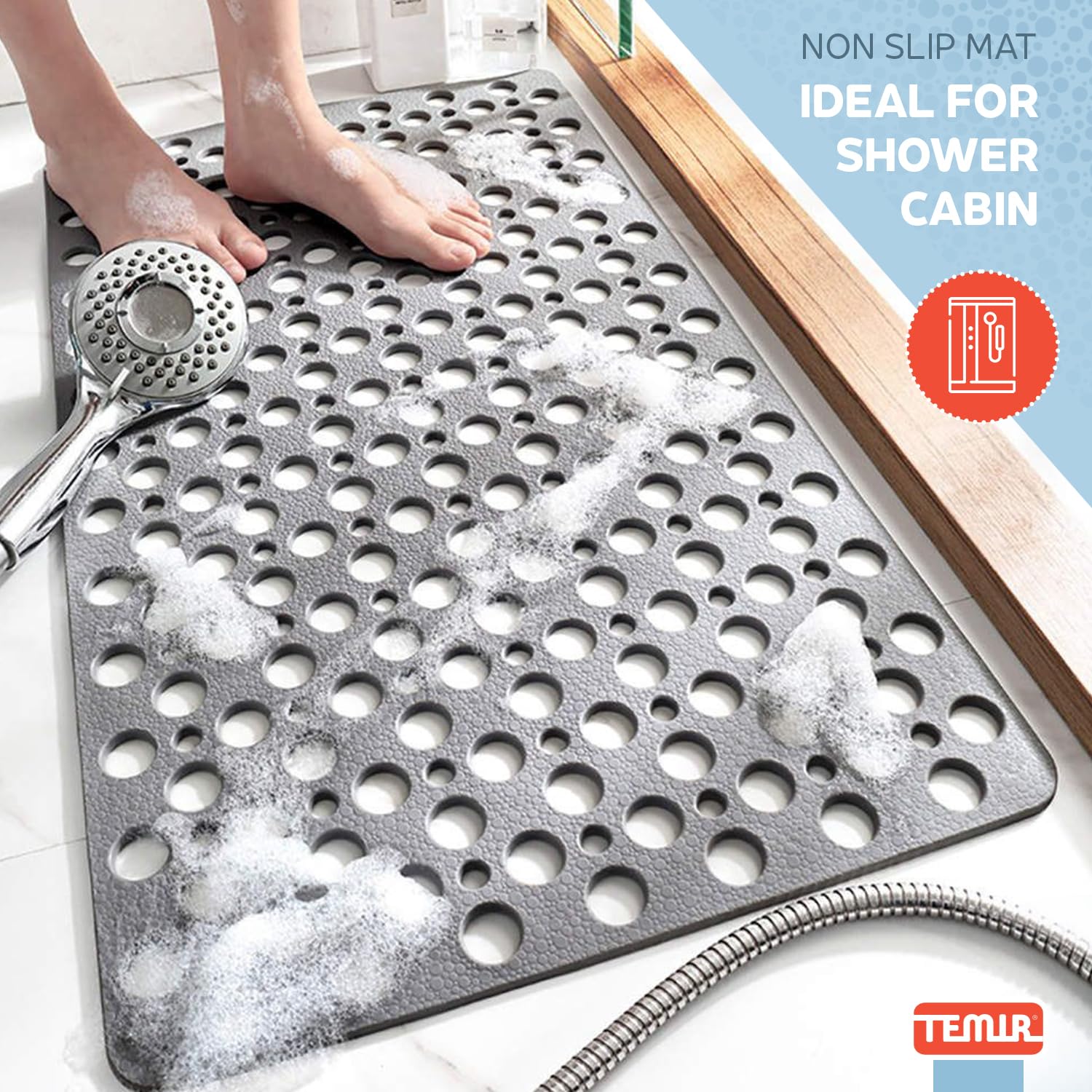 TEMIR Non Slip Bath Mat and Shower Mat with Suction Cups and Drain Holes, 30x17 in (75x43 cm), Soft Machine Washable Non Slip Bathtub mat, Shower Mats for Inside Shower, Easy Dry&Cut (Gray)