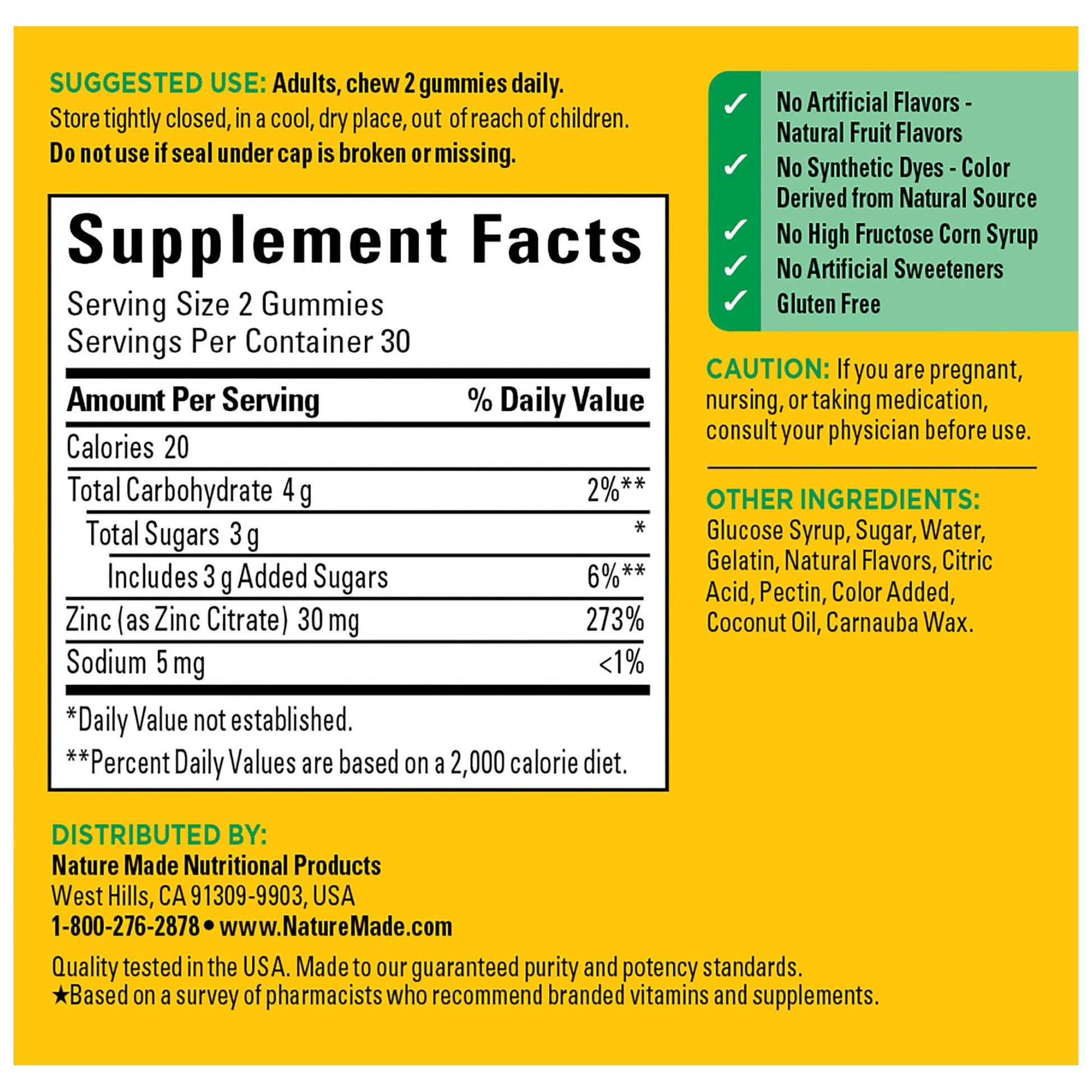 Nature Made Extra Strength Zinc Supplements 30 mg, Dietary Supplement for Immune Health and Antioxidant Support, 60 Zinc Gummies, 30 Day Supply