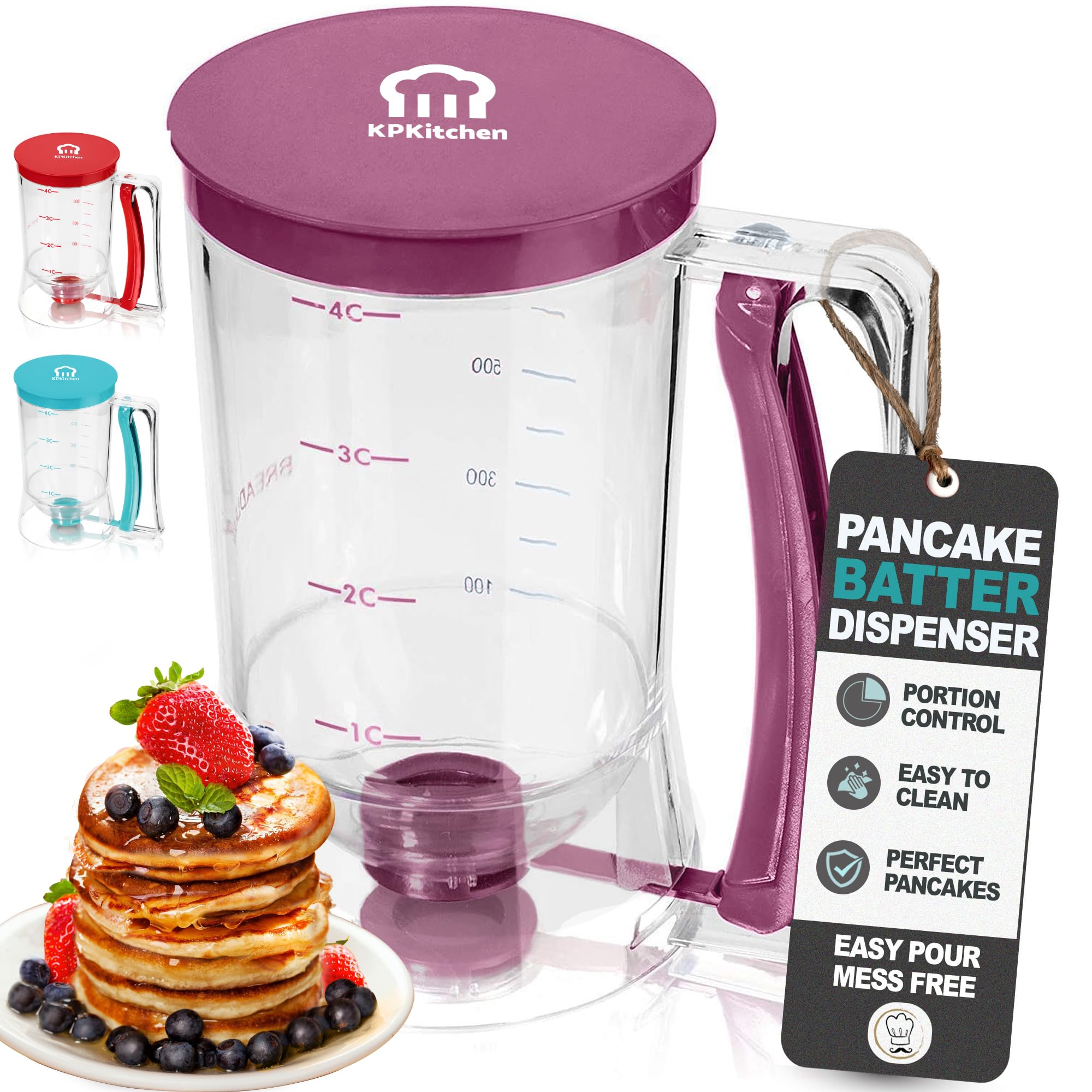 Pancake Batter Dispenser - Kitchen Must Have Tool for Perfect Pancakes, Cupcake, Waffle, Muffin Mix, Cake & Crepe - Easy Pour Baking Supplies for Griddle - Pancake Maker with Measuring Label (Purple)