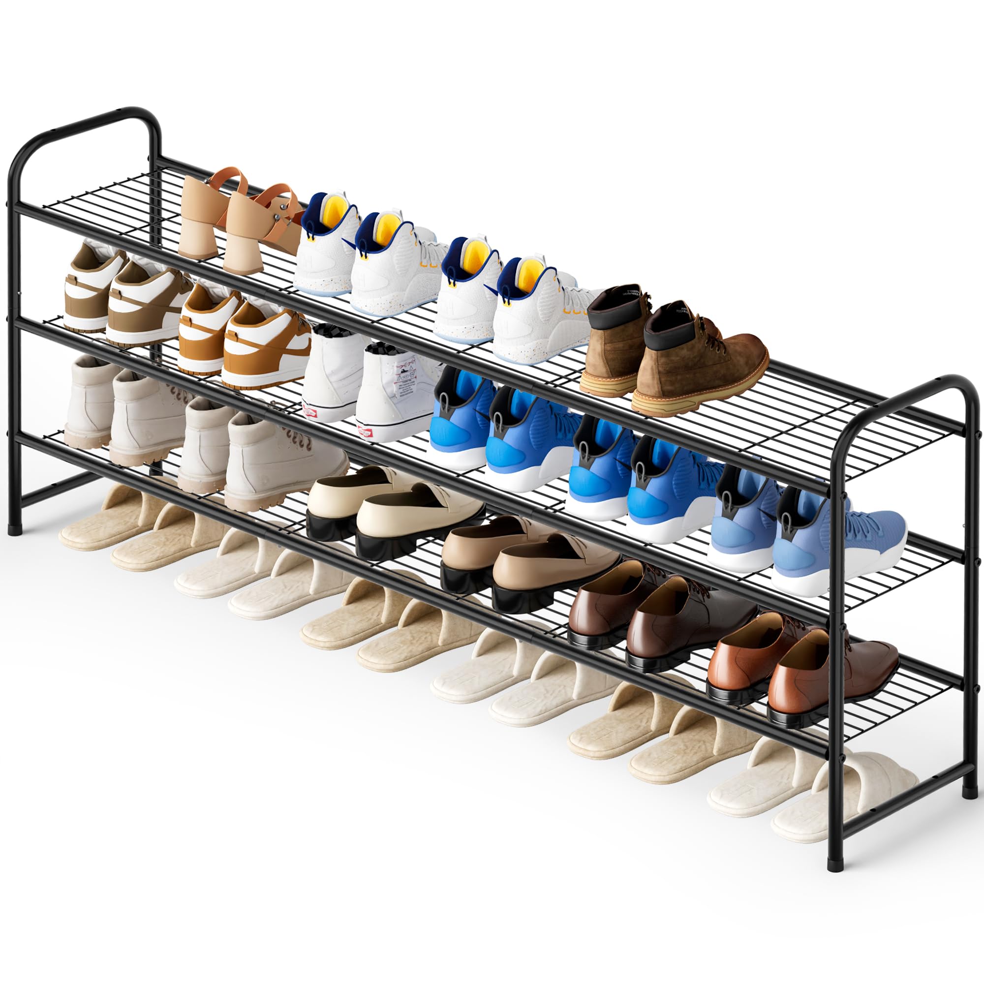 KEETDY 3-Tier Long Shoe Rack for Closet Metal Shoe Organizer for Entryway, Wide Stackable Shoe Storage Shelf with Sturdy Wire Grid for Closet Floor, Bedroom, Black