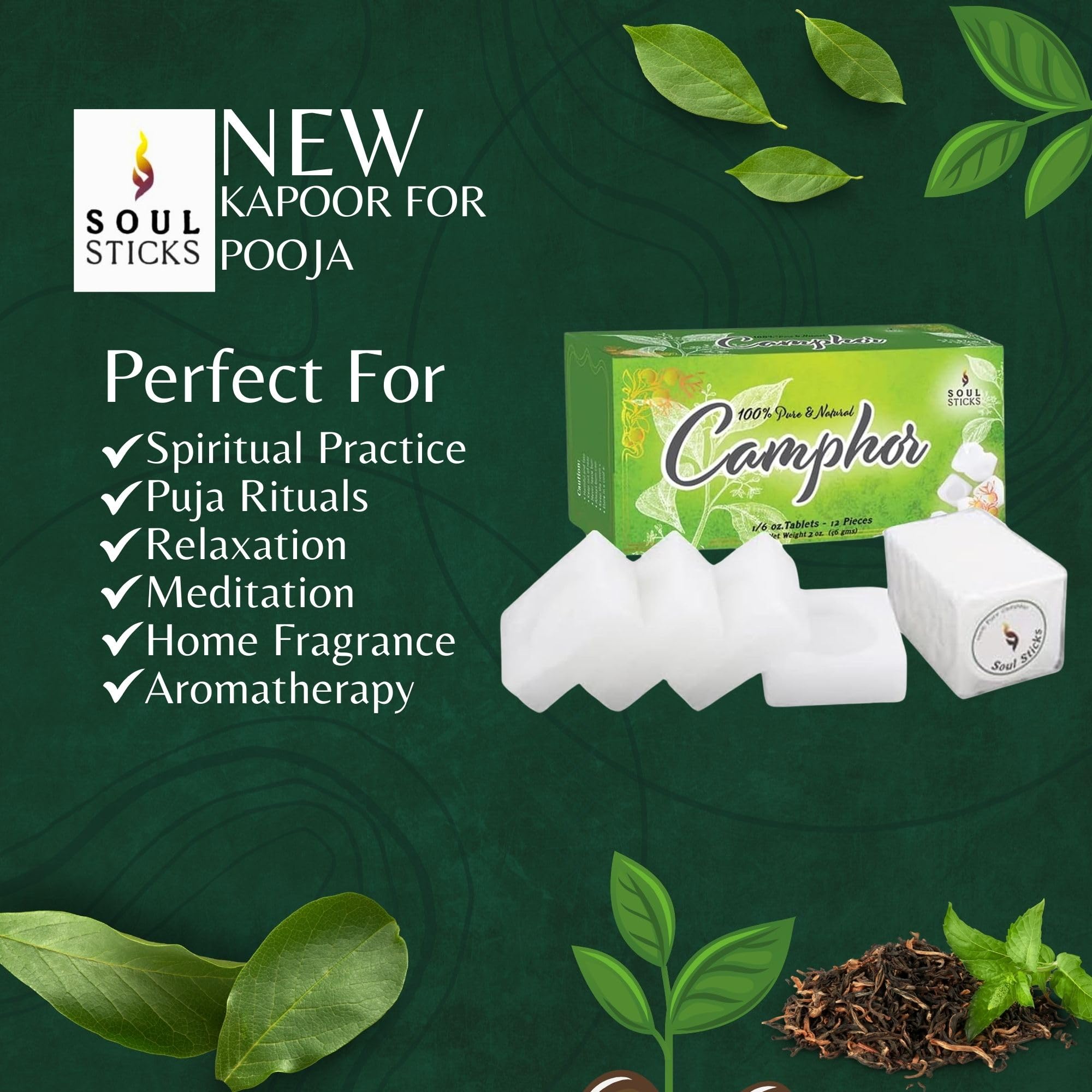 SOUL STICKS Natural Camphor Blocks,Pure Camphor Tablets for Aromatherapy & Puja - Alcanfor en Bloques, Alcanfor en Bolitas, Kapoor for Pooja (56 Grams (12 Tablets))